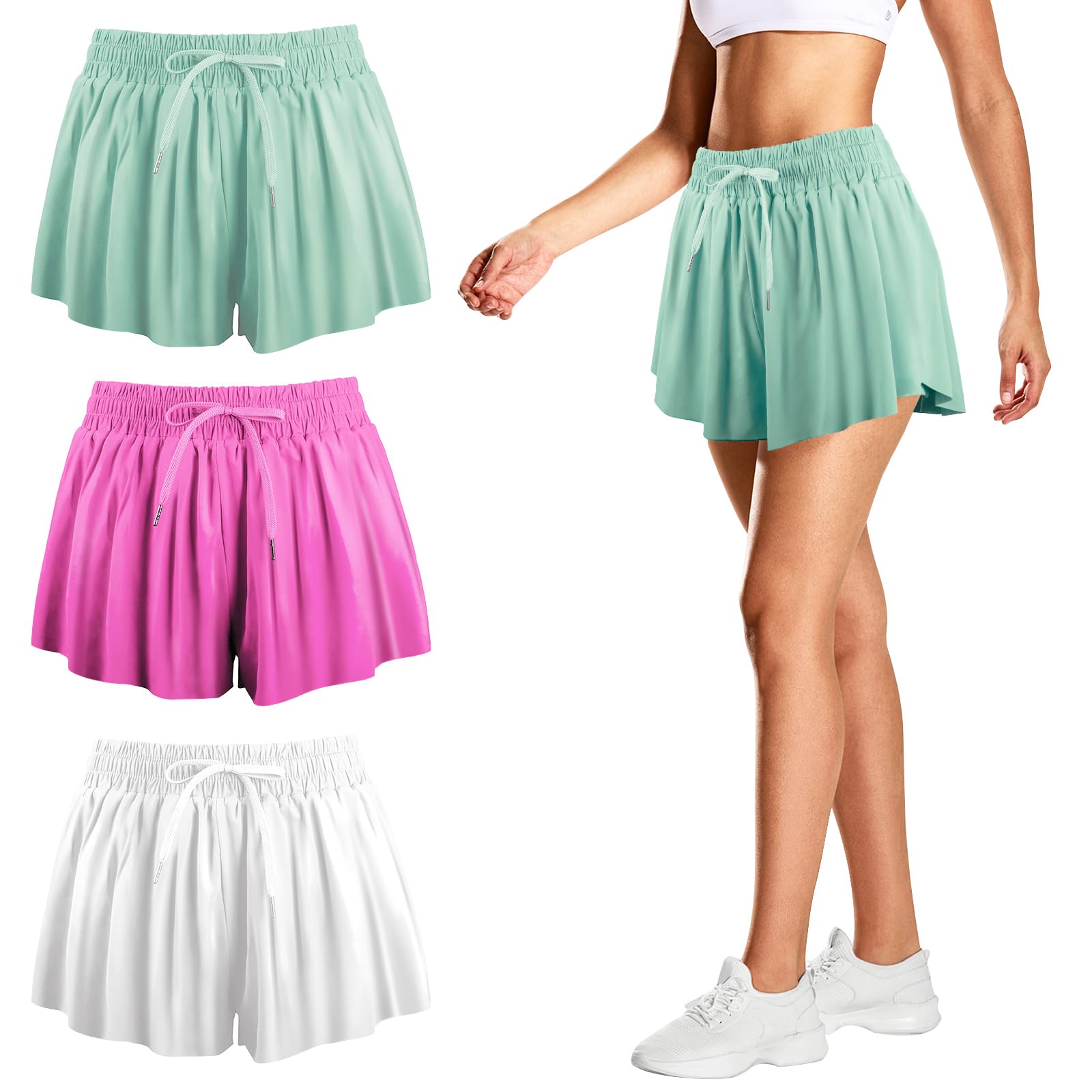 3 PCS Flowy Running Shorts,Butterfly Shorts with Spandex Liner,Flowy Athletic Short with Pocket for Girl-image-24