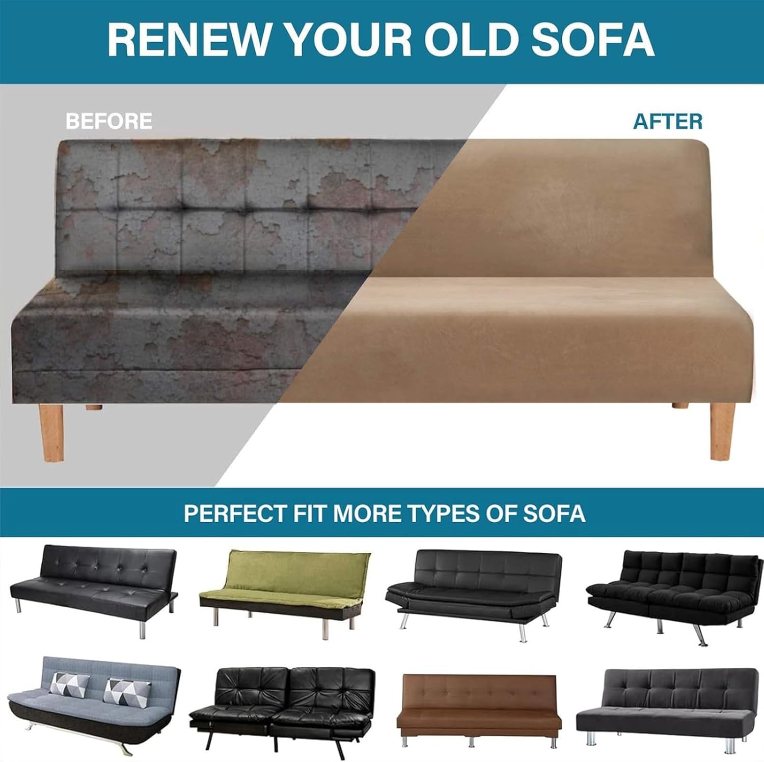 Velvet Armless Sofa Cover Folding Futon Covers Full Size Sofa Bed Slipcover Furniture Protector for Living Room Black