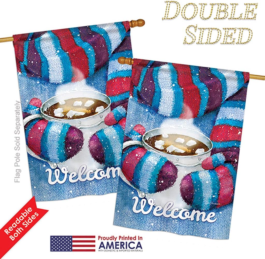Mittens and Cocoa House Flag Wintertime Winter Wonderland Snowflake Snowman Ice Skate Season Snow Small Decorative Gift Yard Banner Double-Sided Made In USA 28 X 40