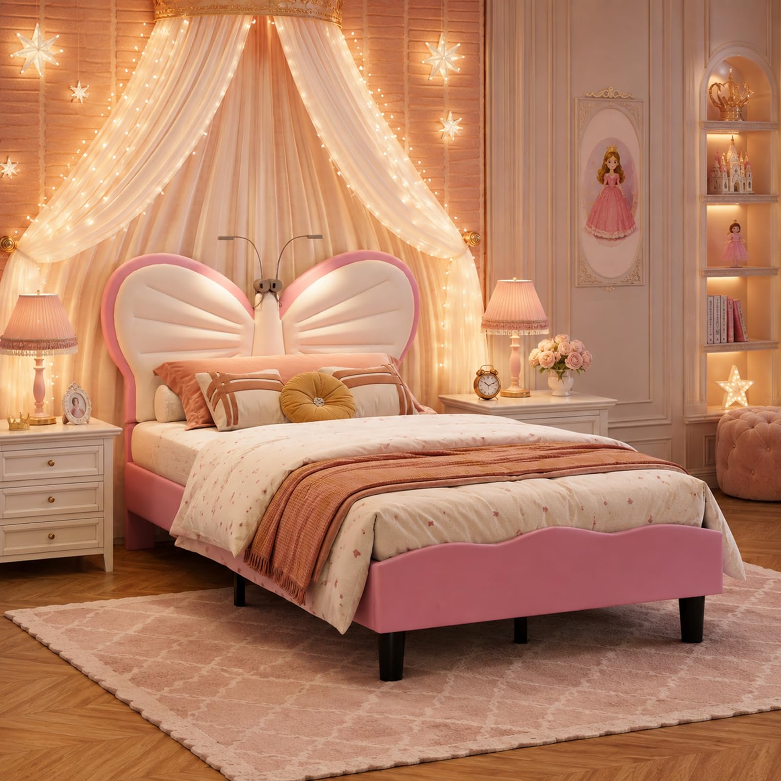 LKPOMI 4FT Small Double Bed Frame with LED, Pink Upholstered Kids Bed with Height Adjustable Headboard, Soft Velvet Girls Bed with Wooden Slatted Base, Without Mattress