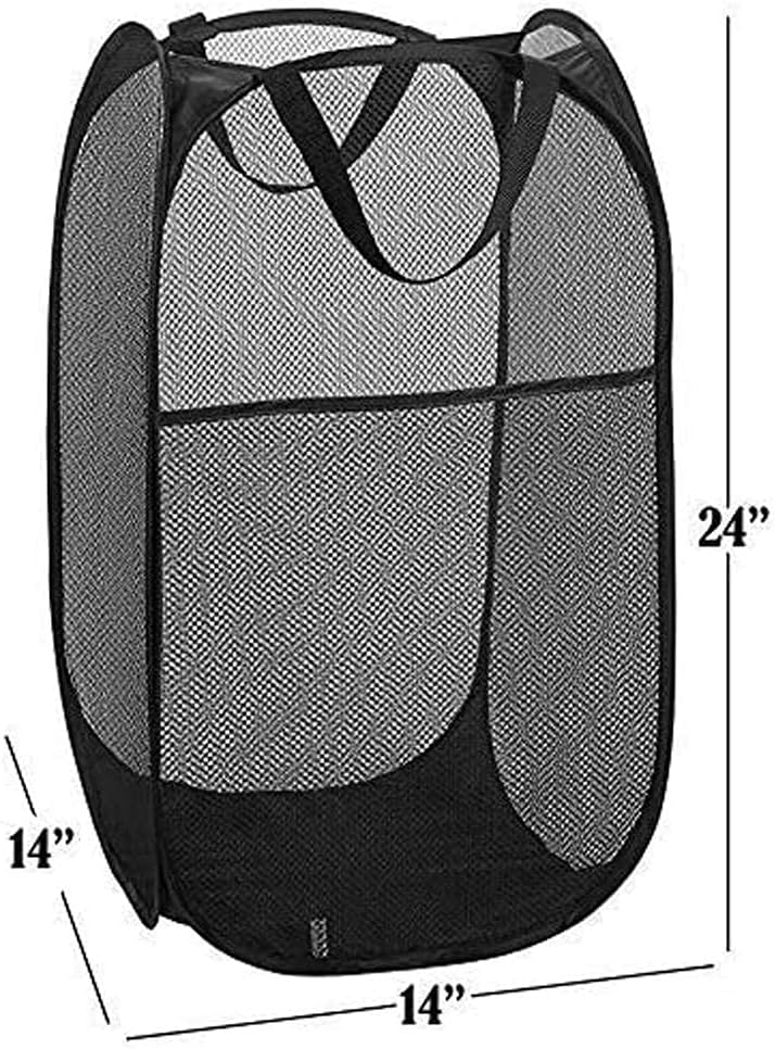 2 Packs Mesh Pop up Laundry Hamper (Black) with Portable, Durable Handles, Collapsible for Storage, Foldable Pop-Up Laundry Bags for Kids Room, College Dorm or Travel