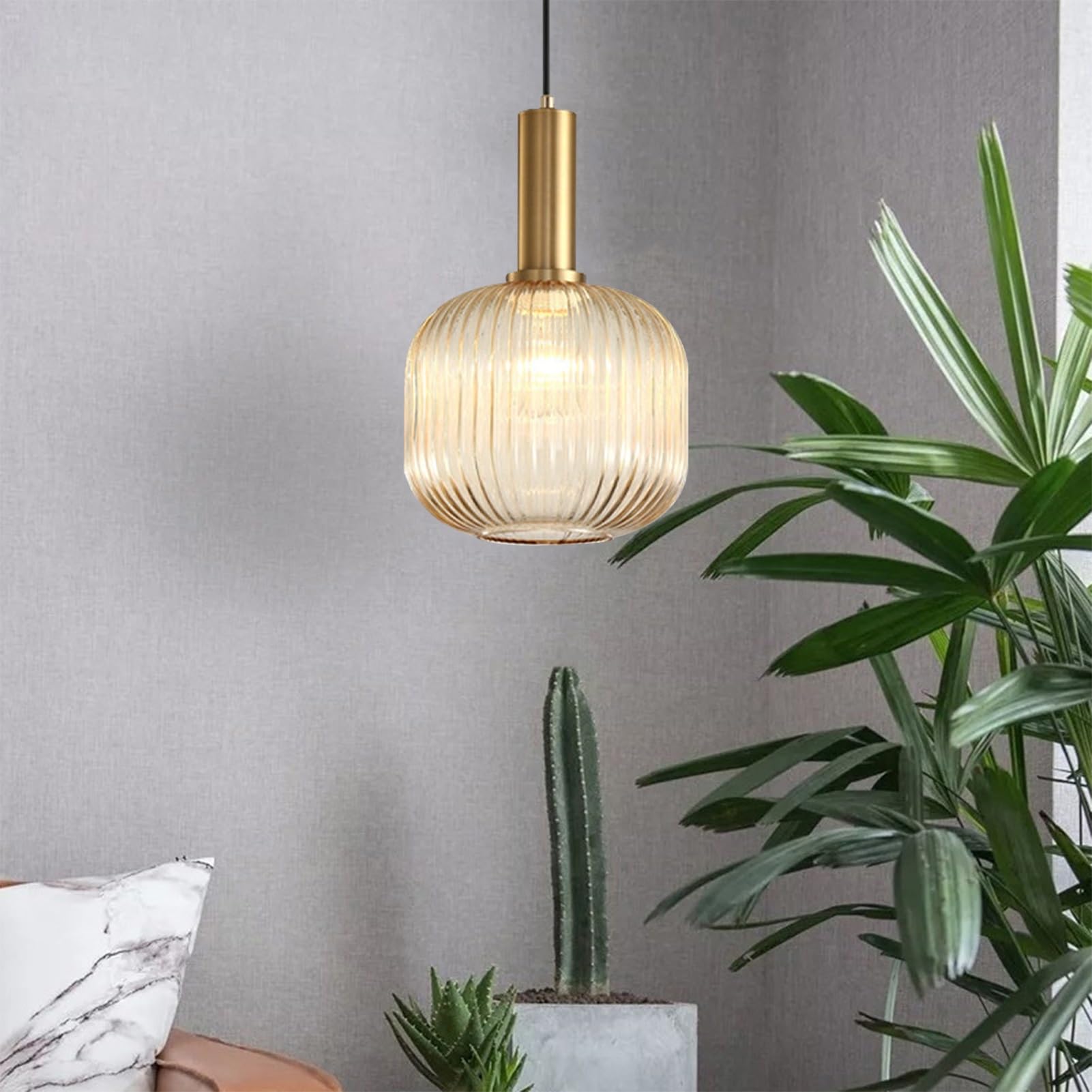 Moderne stil Ohne Stromanschluss Hängelampen mit batterie,Batteriebetriebene Glas Pendelleuchte mit Fernbedienung,Kabellos Hängelampe RGB Farben dimmbar,wiederaufladbare Beleuchtungsvorrichtung.(Amber