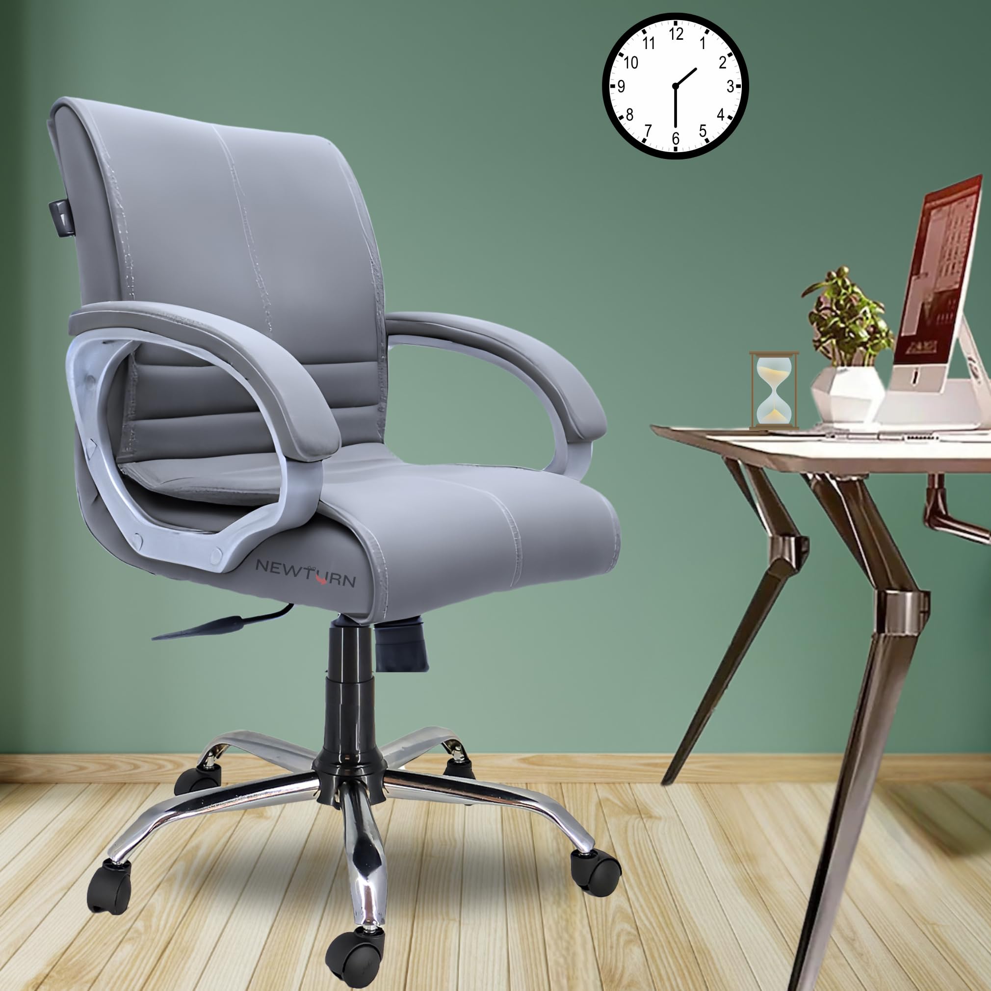 NEWTURN Maxon Mid-Back (Pre-Assembled) Premium Leatherette Work from Home/Office/Desk/Computer/Study Chair with Heavy Metal Base, Adjustable Height Chair with 2 Yrs Parts replc. Wrty(Dark_Grey)