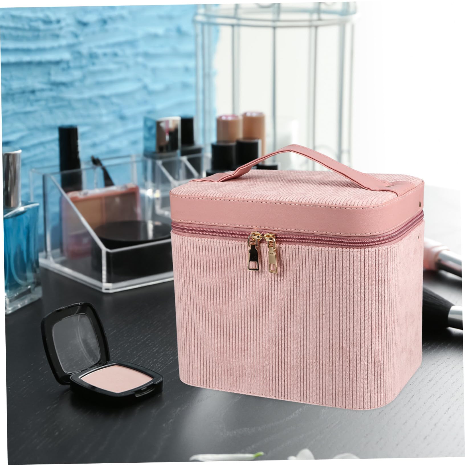 Mikikit Estuche de Maquillaje de Doble Capa con Espejo Organizador de Cosméticos Portátil para Mujer para Viajes y Cuidado Personal