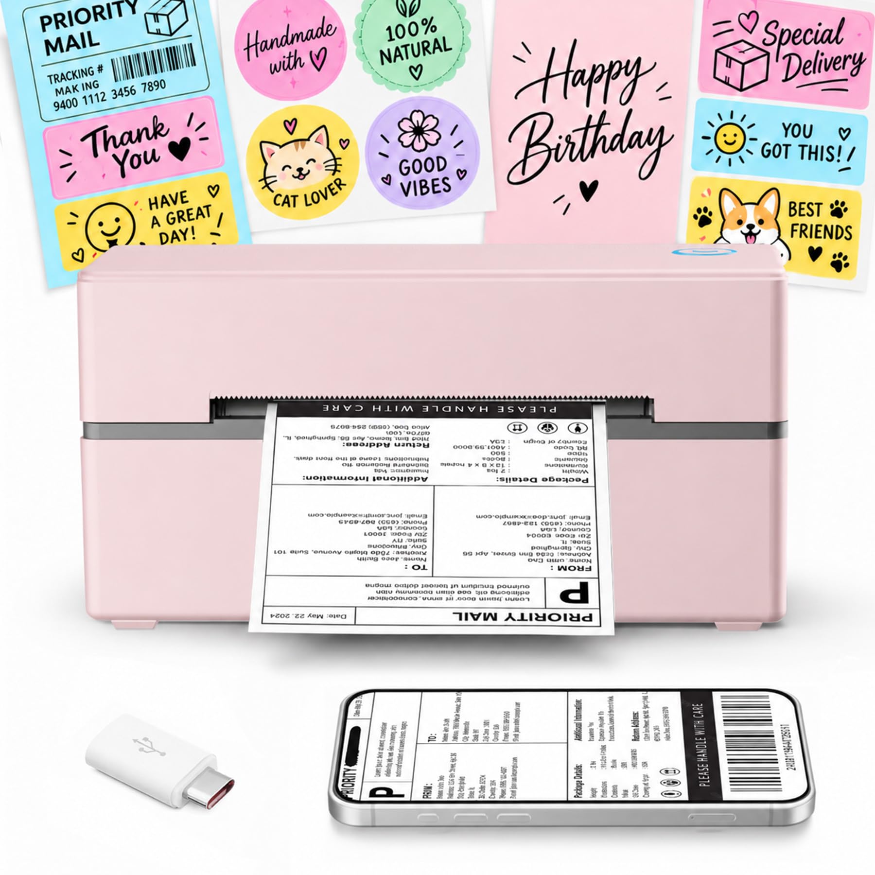 Thermal Shipping Label Printer 4x6 Bluetooth Label Maker for Small Business | Wireless Mailing Shipping Printer for USPS UPS Amazon Shopify Etsy - Compatible with iPhone Android Windows & Mac (Pink)