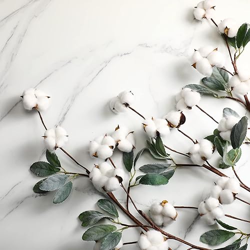 Miniatura 7 de 12 tallos de algodón ramas de flores artificiales de algodón con hojas de oreja de cordero 21 pulgadas flores de algodón falso decoración de estilo