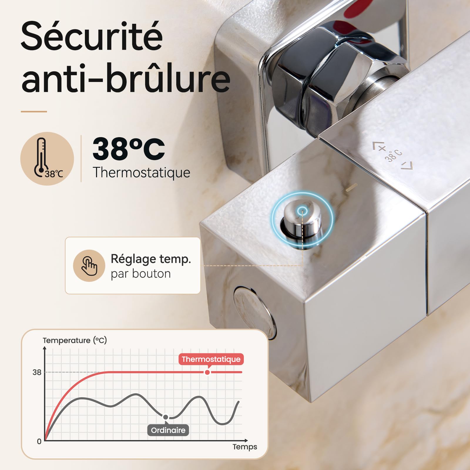 Auralum Mitigeur Thermostatique Douche Anti-Brûlure, Robinet de Douche Thermostatique Chrome avec Corps Froid et Cartouche Anti-Calcaire, Contrôle Précis de la Température 38°C et Débit Réglable