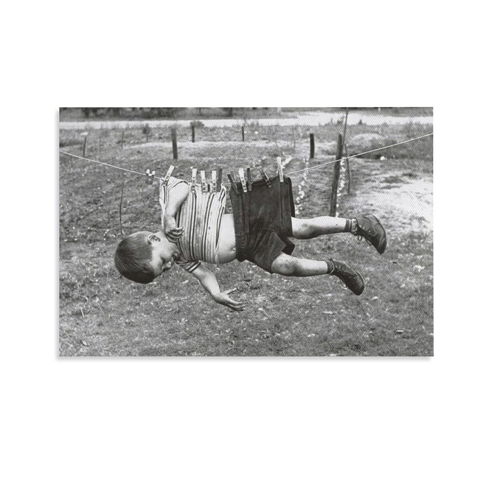Buy Little Boy Character Hanging on The Clothesline Black And White