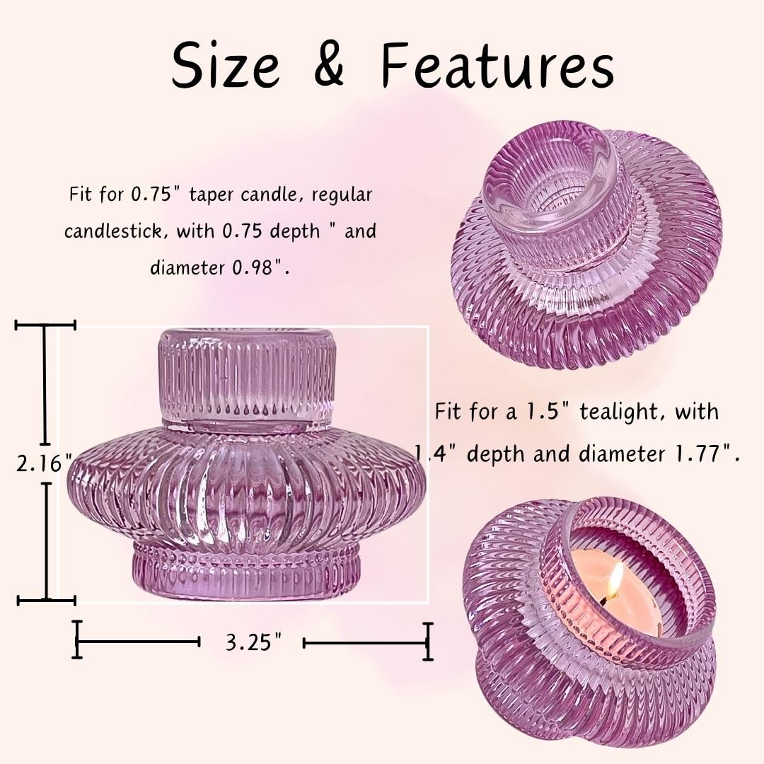 GFORU Glass Taper Candlestick Holders 6pk- Tealight Candle Holders Vintage Design Boho Mental Décor Table Centerpieces for Wedding Birthday Shower Bridal Dinner Party (6pcs x Lilac), YCH6PK011224
