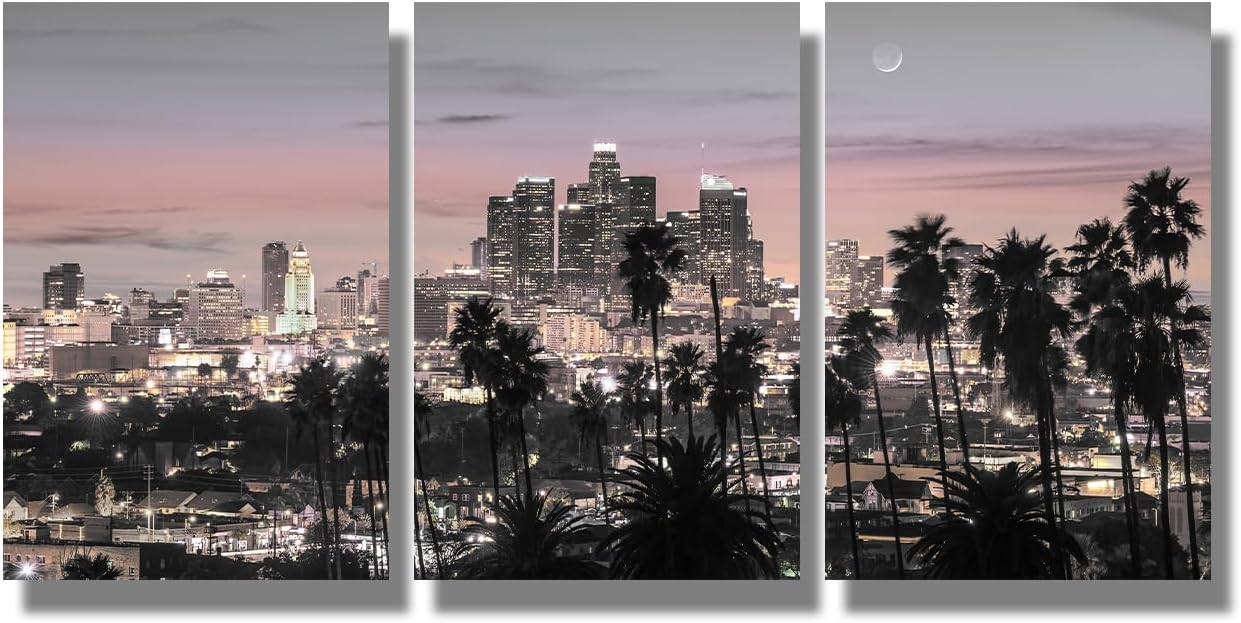 3 Piece California Skyline Canvas Wall Art Los Angeles City Skyline Panorama at Dusk with Urban Skyscrapers Black and White Wall Art Palm Trees Wall Painting Framed Ready to Hang 16X24X3INCH Malibu Los Angeles 24X48 INCH