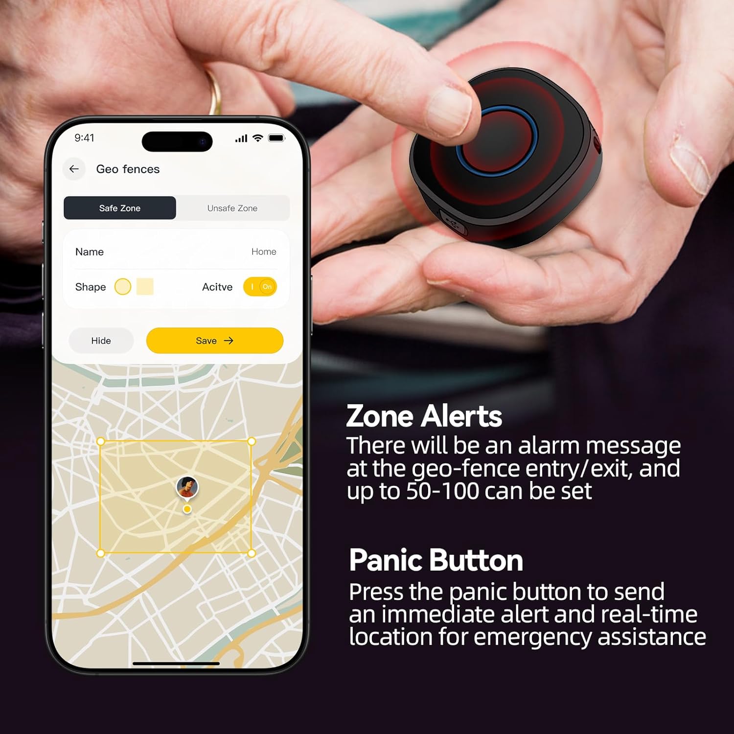 Four panels showing the tracker attached to a backpack, on a keychain, zipped onto luggage, and placed inside a car.