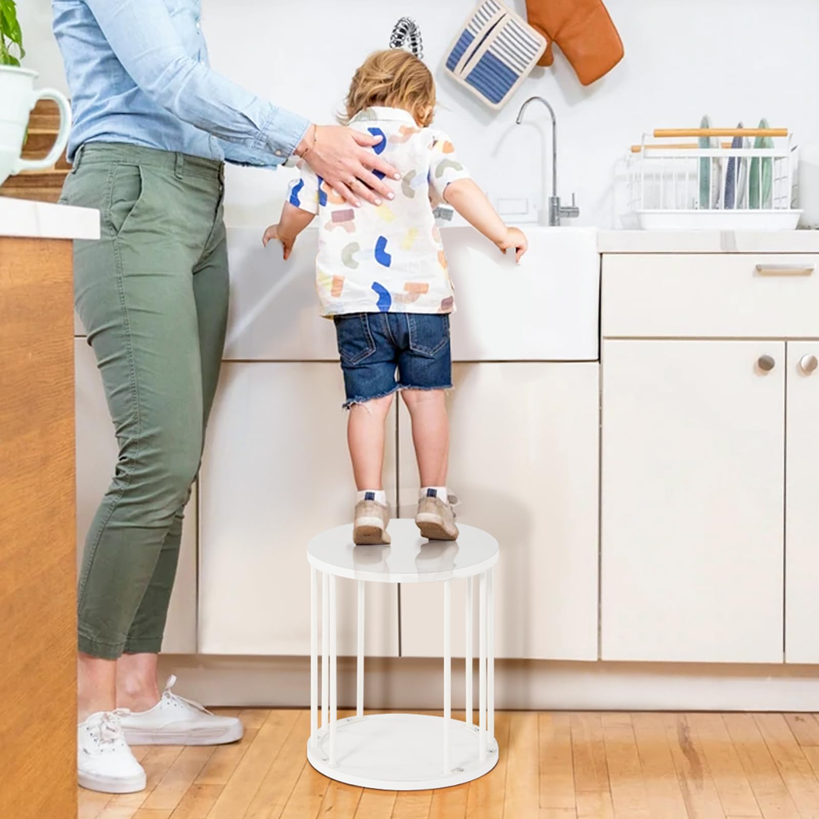 HDANI Sgabello Rotondo per Bambini e Adulti - Poggiapiedi in Legno a Fiore Basso, Antiscivolo per Cucina e Bagno (Bianco, 30×30×34,5cm)