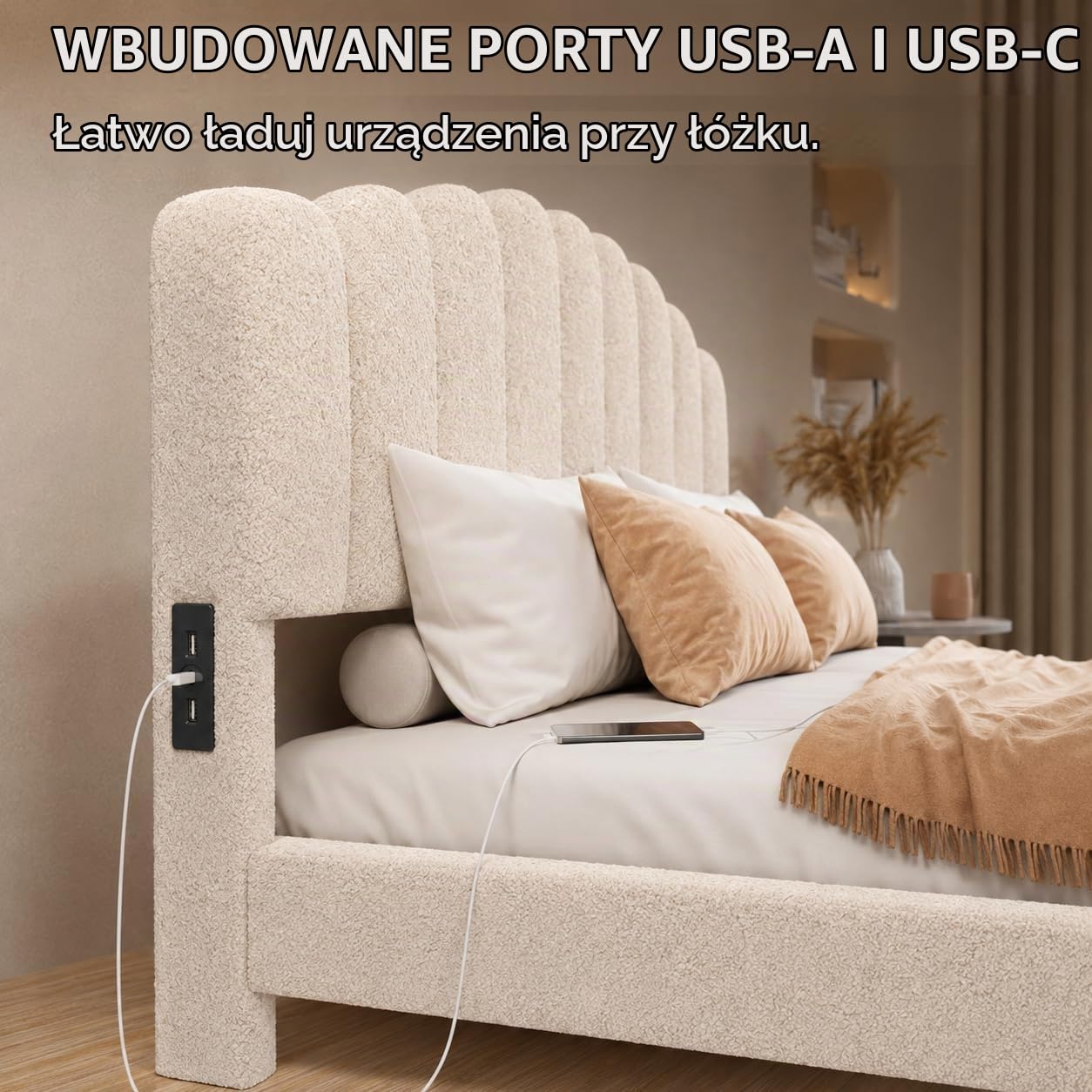 Łóżko tapicerowane 140 x 200 cm, z szufladą do przechowywania, podwójną ramą łóżka i gniazdem USB, zagłówek z regulacją wysokości, łóżko dziewczęce, łóżko księżniczki, aksamitne Teddy, beżowe (140 x