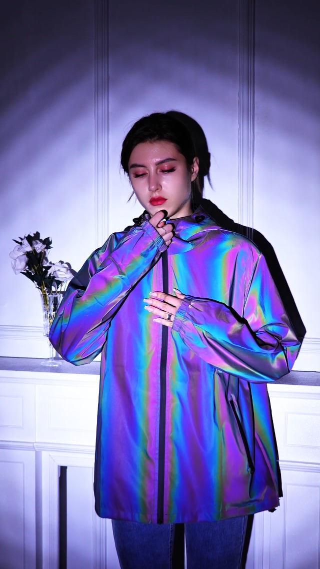 LZLRUN Rainbow Reflective Coat Fashion Hooded Windbreaker Rave
