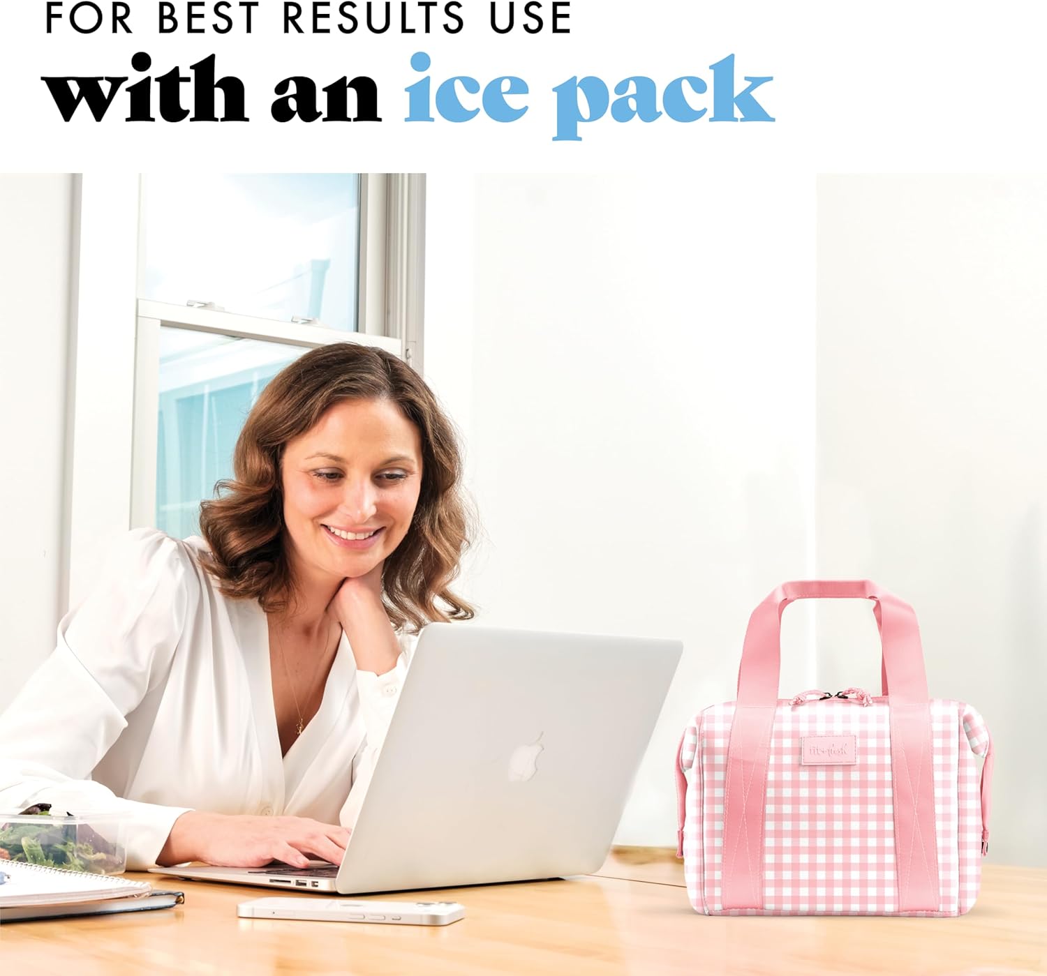 Fit & Fresh Remi Neoprene Lunch Bag For Women - Meal Prep Kit with Containers & XL Ice Pack, Self Insulating Neoprene-like Material, Machine Washable Lunch Bag, Tear & Stain-Resistant, Pink Gingham - Image 2