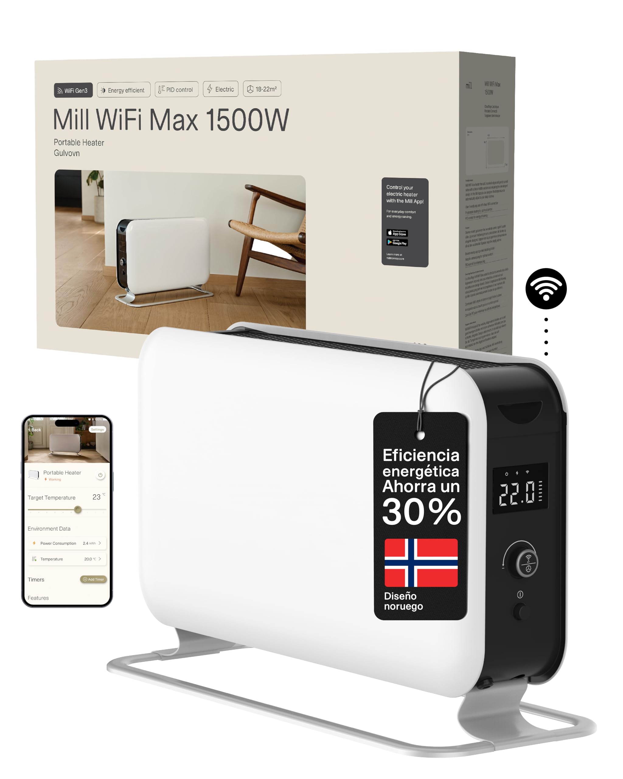 Mill WiFi Max Calefactor Portátil 1500W, Calefactor Eléctrico Inteligente con App, Calefactor para Baño 18-22 m², Radiador Eléctrico WiFi de Bajo Consumo para el Hogar, Silencioso