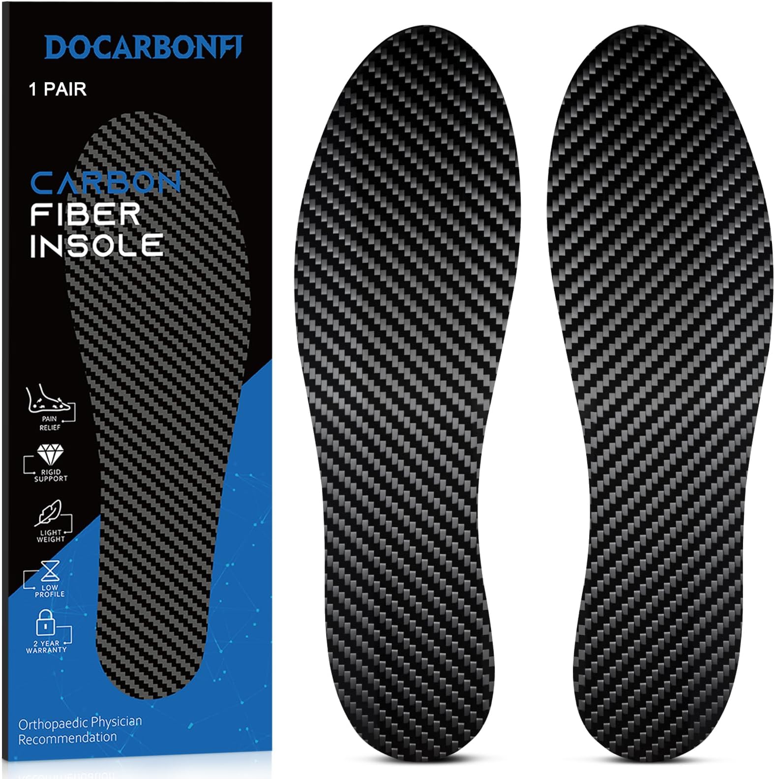 Carbon Fiber Insole, 1 Pair, Rigid Shoe Insert for Arthritis, Turf Toe, Hallux Limitus, Hallux Rigidus, Foot Fractures, Mortons Neuroma Inserts, Alternative to Post Op Shoe 275mm Black 2pcs