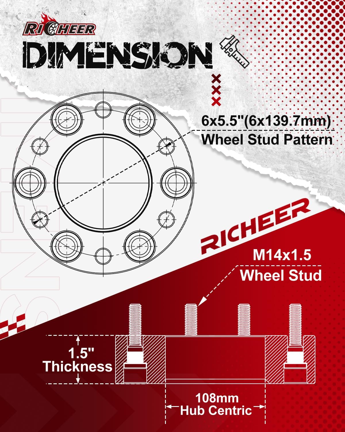 Richeer 6x5.5 Wheel Spacer Compatible with Silverado Suburban Sierra Savana 1500 Express Tahoe Yukon Escalade C2500 K2500, 1.5" Forged 6x139.7mm Wheel Spacers with 14x1.5 Studs & 108mm Center Bore
