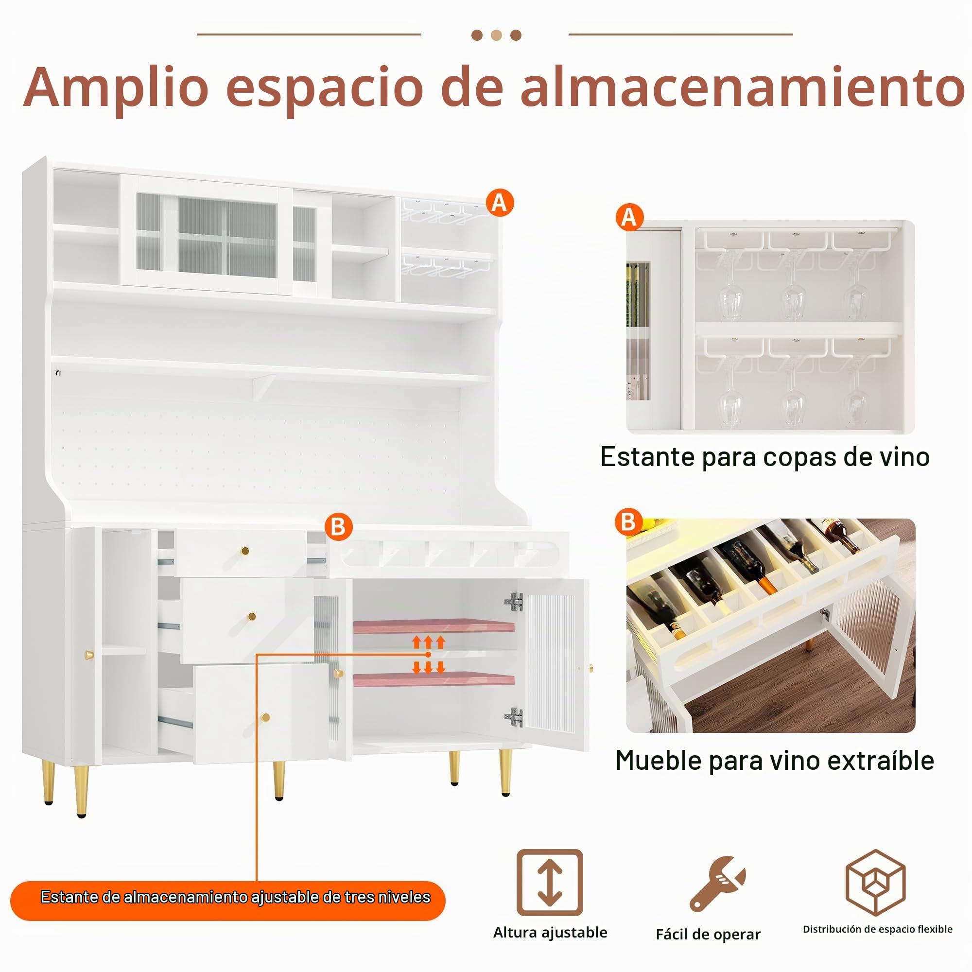 Alacena de Cocina Armario Alto Cocina con Iluminación LED y USB, Mueble Auxiliar de Comedor con Botellero y Cajones, Aparadores Salon, Buffet Comoda, 145x39x171 cm, Blanco