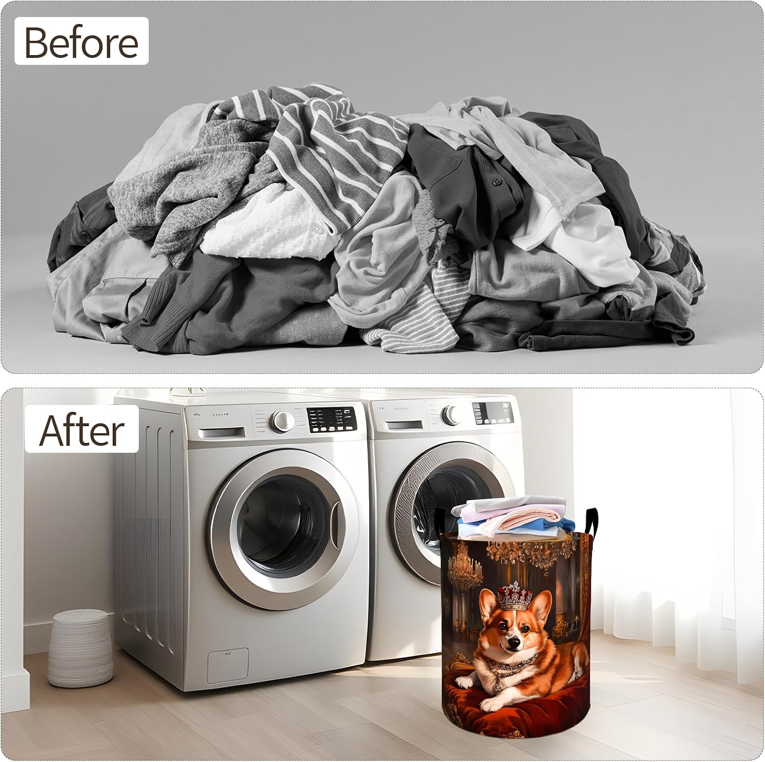 Elegant Corgi Dog Laundry Basket, Regal Vintage Collapsible Oxford Cloth Clothes Hamper 19.7"x15.7", Funny Crown Pet Puppy Waterproof Storage Bin for Bedroom Bathroom Closet Decor Gifts image 4
