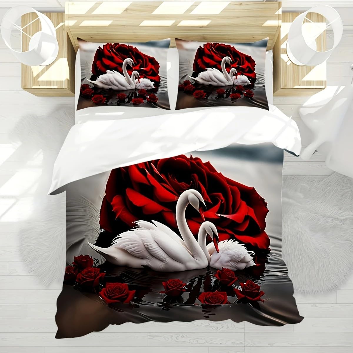 Housse de couette 140x200 cygne avec fermeture éclair et 2 taies d'oreiller 50x75 en microfibre