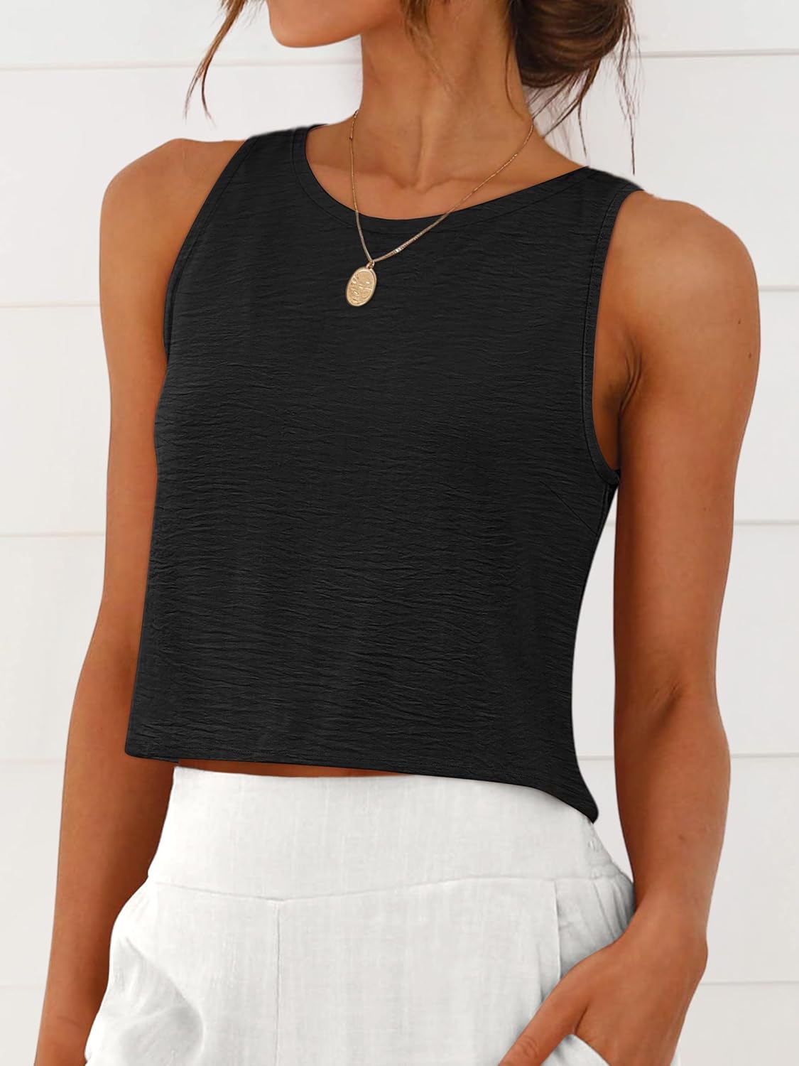 ANRABESS Women Crop Tank Tops High Neck Sleeveless Linen Shirts 2026 Summer Outfits Casual Blouse Beach Vacation Clothes - Image 2