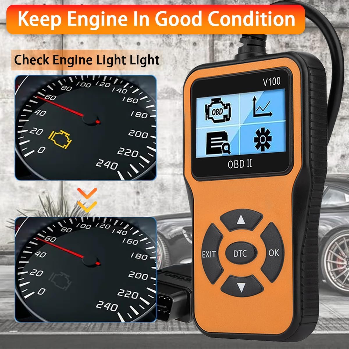 OnRetul V100 scanner showing check engine light status