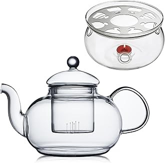 CnGlass 33.8oz Glass Teapot with Removable Infuser,Stovetop Safe Tea Kettle with Glass Tea Warmer 5.3 in/13.5cm Diameter