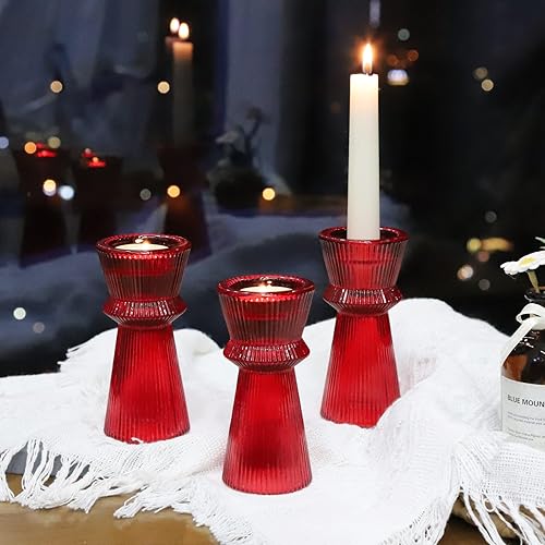 Miniatura 4 de VOHO Candelabros rojos para decoraciones de Navidad, juego de 3 portavelas de vidrio acanalado versátil para velas cónicas y velas de té, románticos