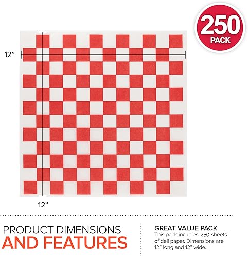 Miniatura 2 de Cuadrados de delicatessen de 12 pulgadas (paquete de 250) – Papel de delicatessen a cuadros rojos y blancos – Forros a prueba de grasa para barcos
