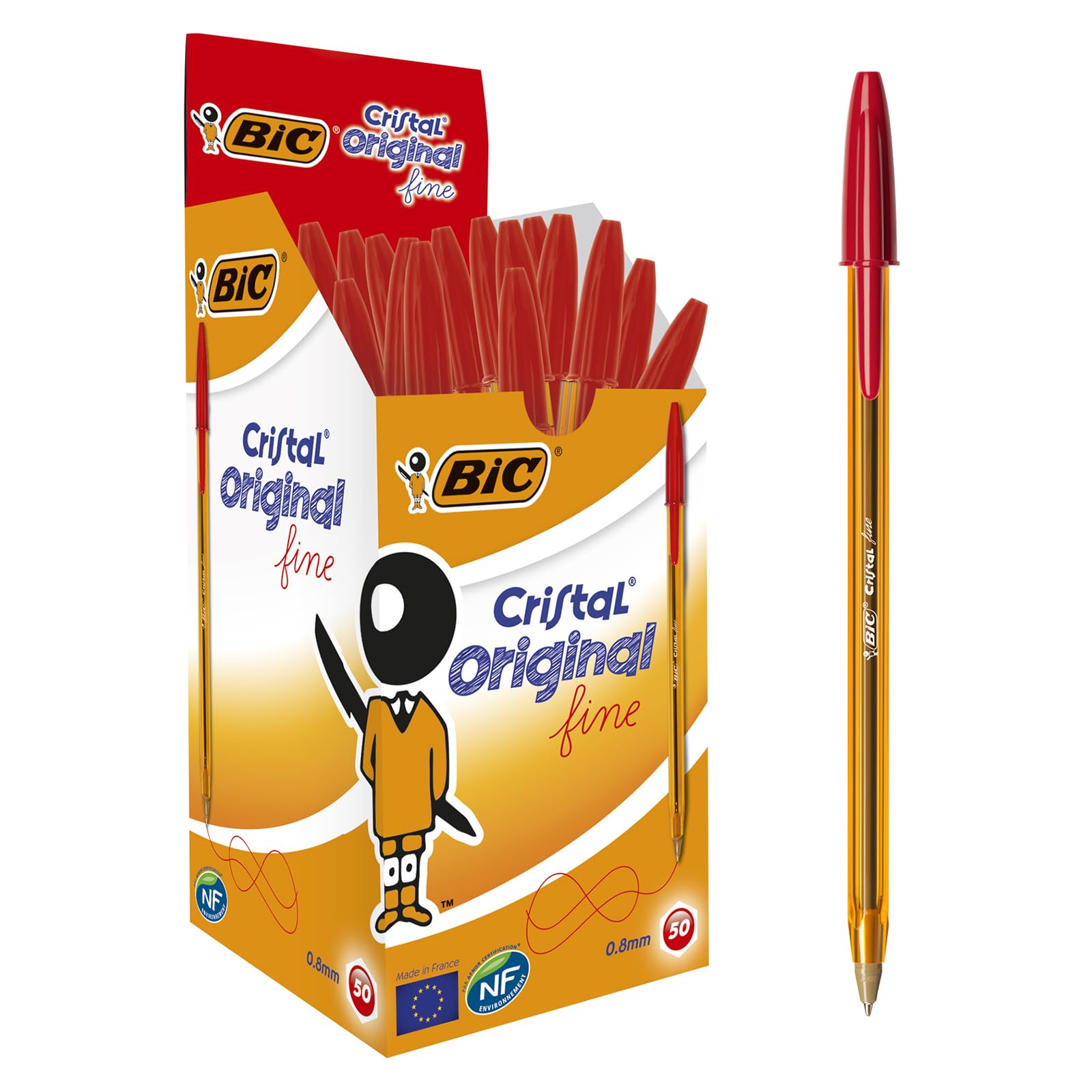 BIC Cristal Original Fine Ballpoint Pens Fine Point (0.8mm) - Red, Box of 50 Units