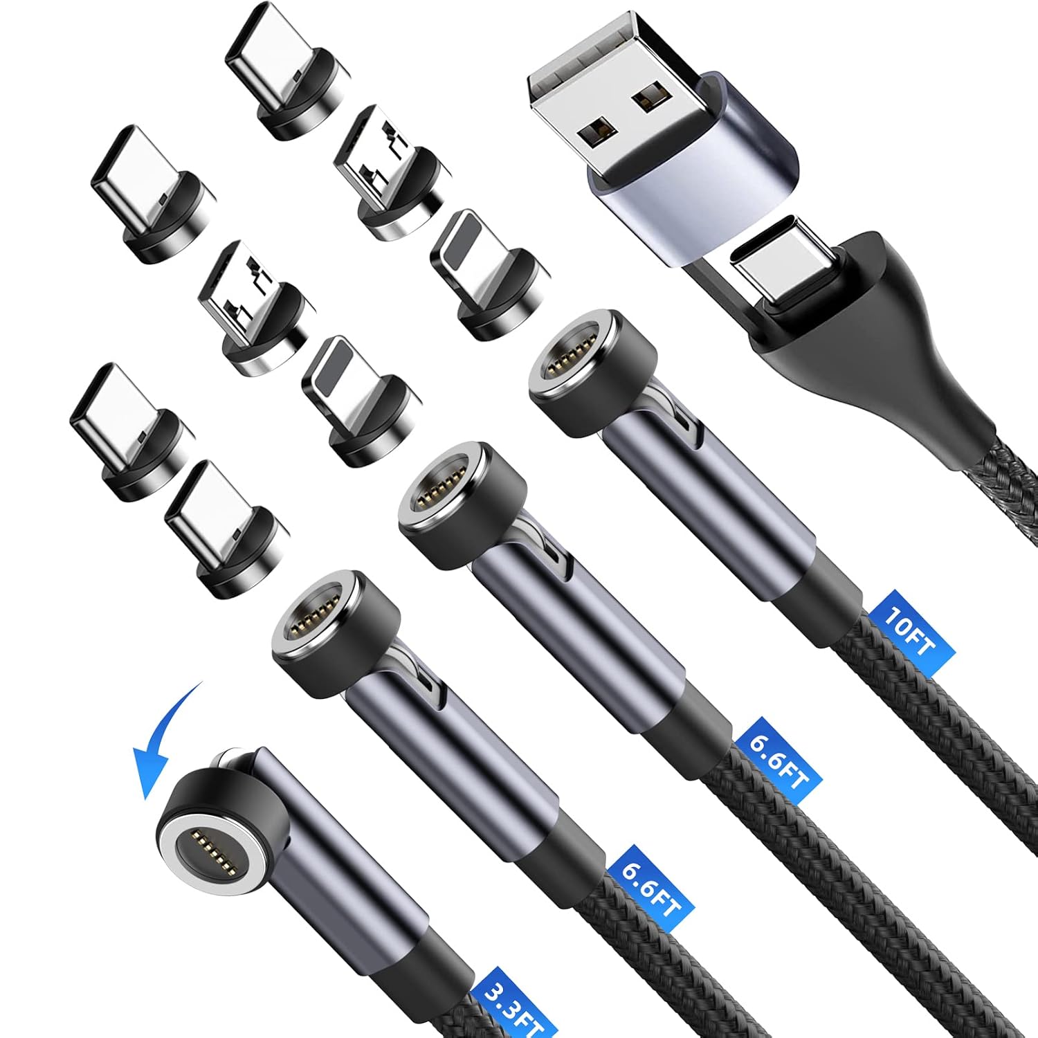 Универсальный магнитный зарядный кабель USB-C 5 в 1 [4 шт. 1м + 2м + 2м + 3м], поворотный на 540° кабель для быстрой зарядки мобил