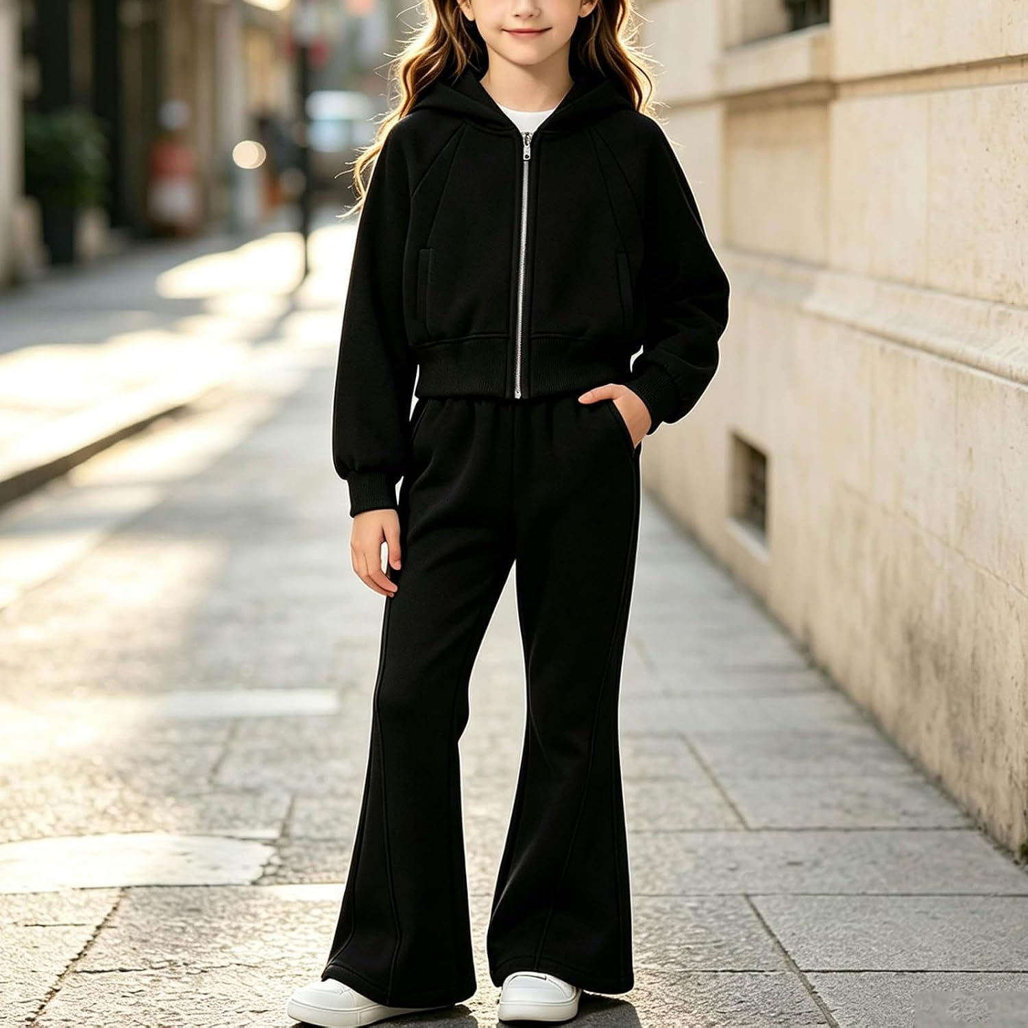 Girls Athletic Sweatsuit 2 Piece Fleece Zip Hoodie Wide-Leg Sweatpants Set