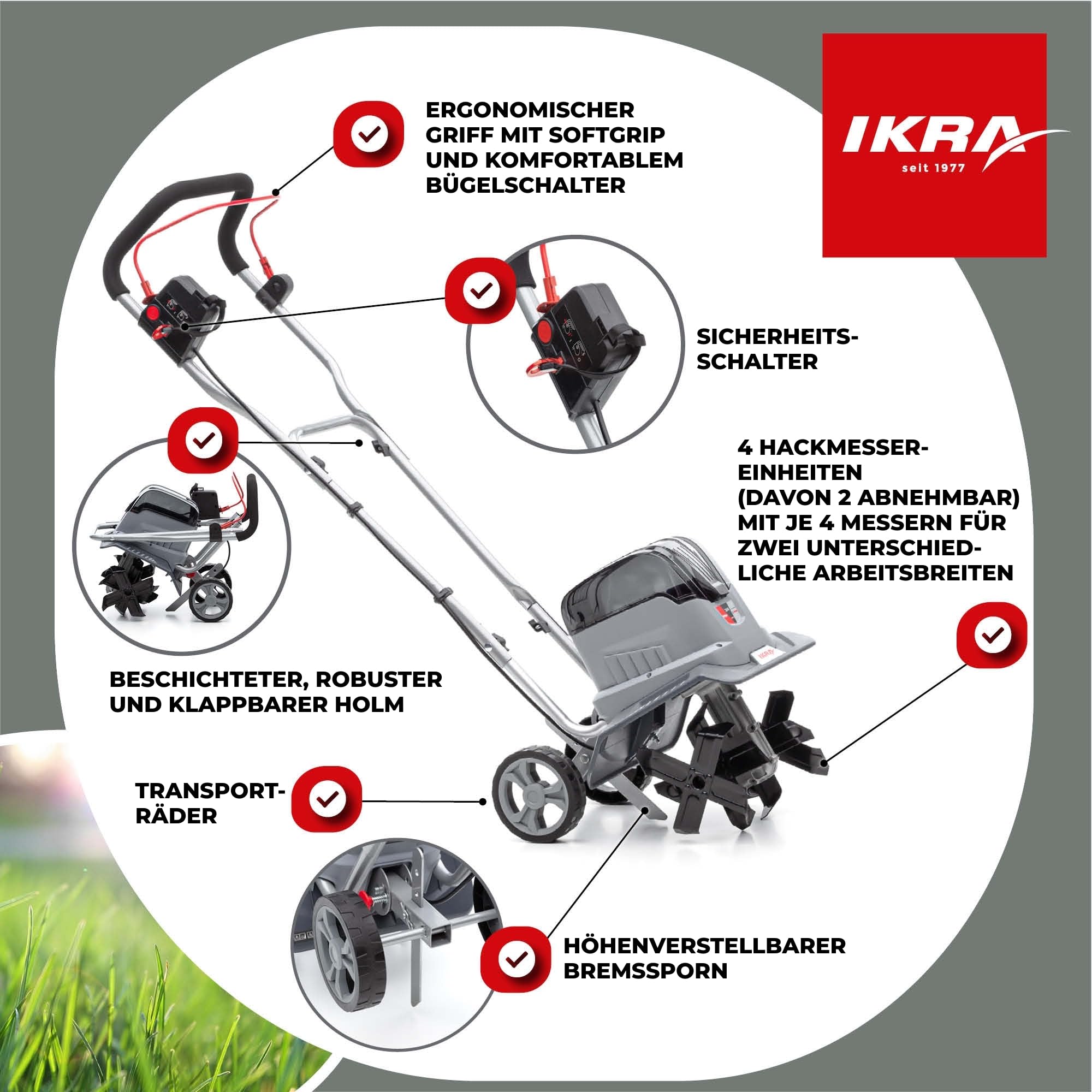 IKRA Bodenhacke Motorhacke IB-TC 36, ohne 36V Akku & Ladegerät | Kompatibel mit Bosch, bürstenloser Motor, 2 Arbeitsbreiten 18-30 cm, Arbeitstiefe bis 20cm, inkl. Bremssporn & Transporträder