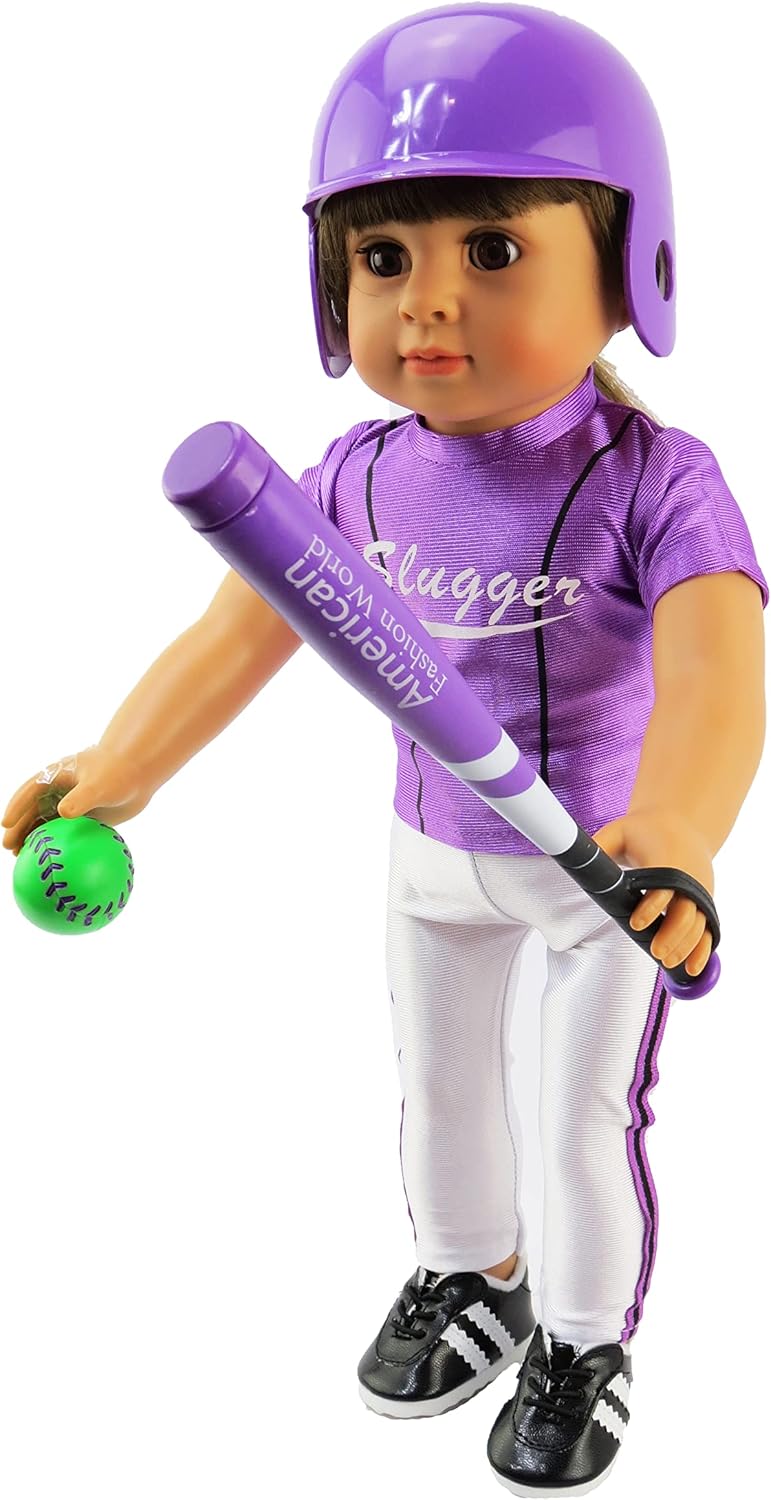 American Fashion World Purple Baseball Outfit for 18-Inch Dolls | Shoes and Accessories Included | Dolls Clothes | Fashions for Dolls for Popular Brands