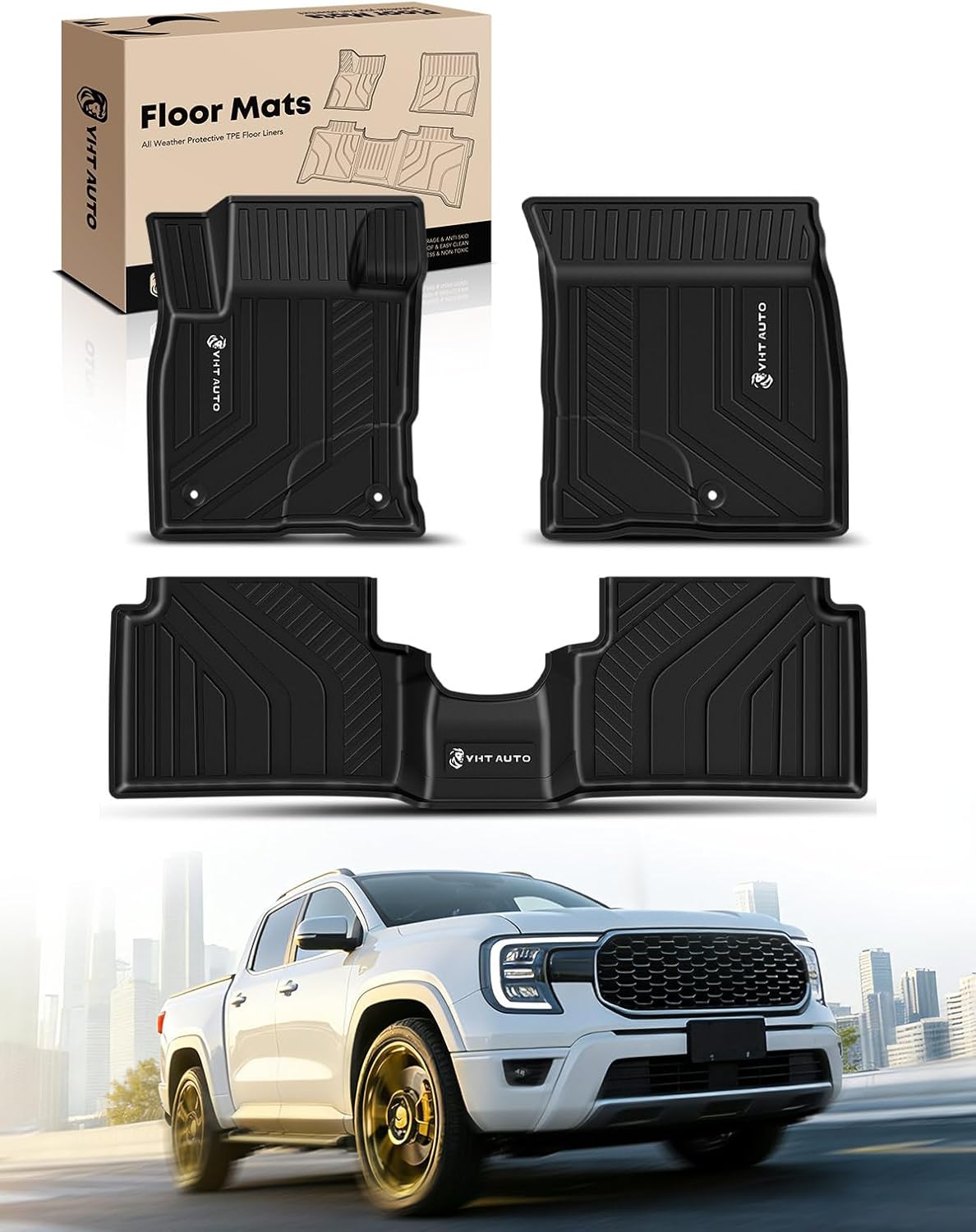 YHTAUTO Automotive Floor Mats Compatible with Ford Maverick 2022-2026 (No Hybrid), TPE Floor Liners All-Weather Protection Custom Fit, 1st & 2nd Row, Set of 3