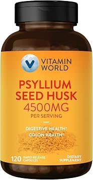Vitamin World Psyllium Husks Capsules, 4500mg Per Serving, Fiber Supplement for Digestive Health and Regularity, Gluten-Free, 120 Capsules