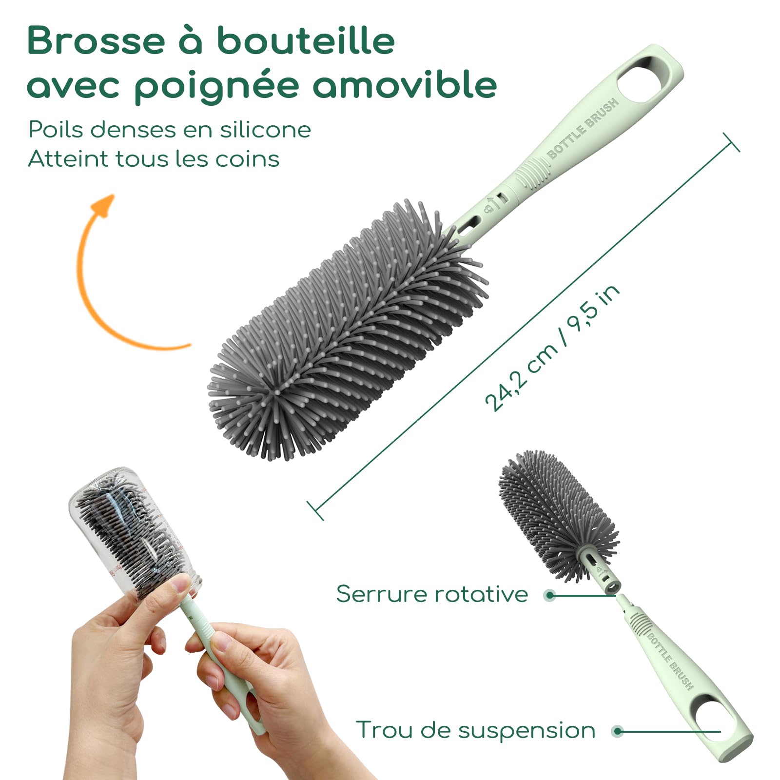 Goupillon Biberon Silicone, Kit Nettoyage Voyage INCL. Brosse pour Biberon, Tétine, Paille, Distributeur, Egouttoir Intégré, Étui, Nettoyeur Biberon Portable Prêt pour Sortie Bébé (Vert Sauge)