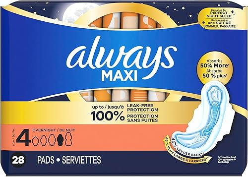 Miniatura 10 de Always Maxi Overnight Pads con alas para mujer, talla 4, absorción nocturna, sin perfume, 84 unidades (3 paquetes de 28)