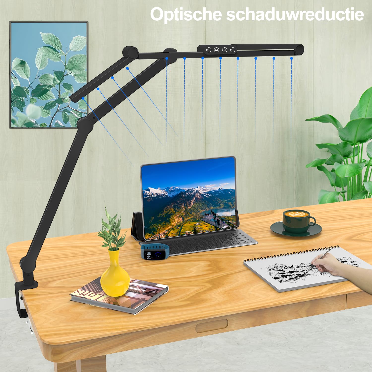 24W Superhelle Dimmbare LED Schreibtischlampe, 1500 Lumen LED Tischlampe für Haushalt und Büro mit Ambiente-Licht, Tageslichtlampe, Klemmlampe mit Drehbarer Lichtstange, Bürolampe [Energieklasse G]