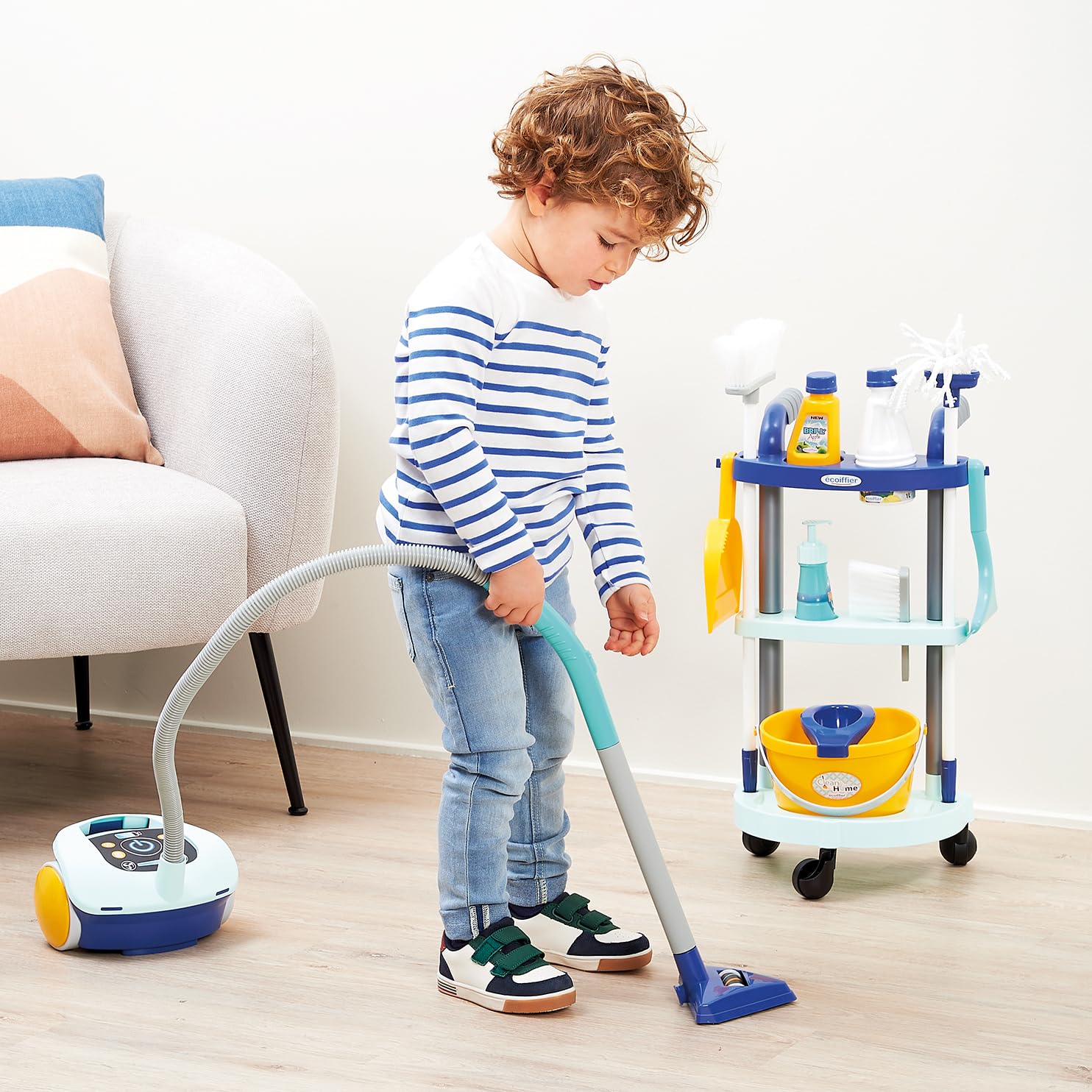Ecoiffier - Clean Home carrello delle pulizie, 7600002774, +18 mesi, con aspirapolvere e tanti accessori, made in France