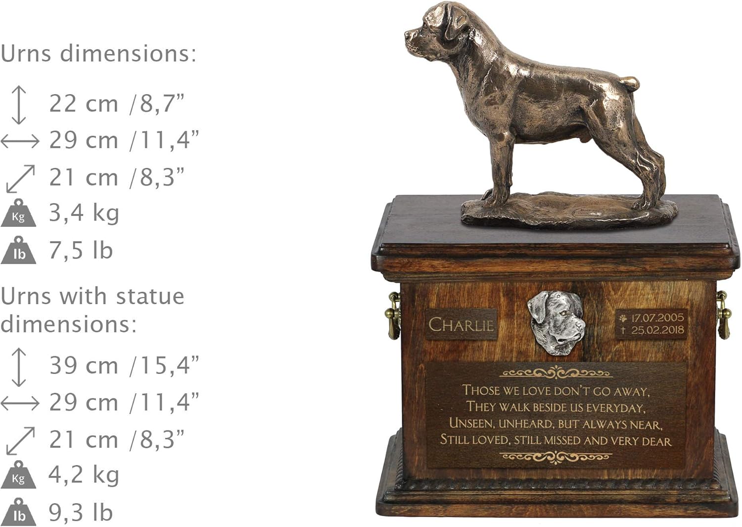Art-Dog Custom Dog Sitting Statue Memorial Urn - Handmade Cold Cast Bronze on Birch Base – Sturdy and Stylish Urn for Dog’s Ashes – 8.3x11.4x8.7 – 5l – Rottweiler