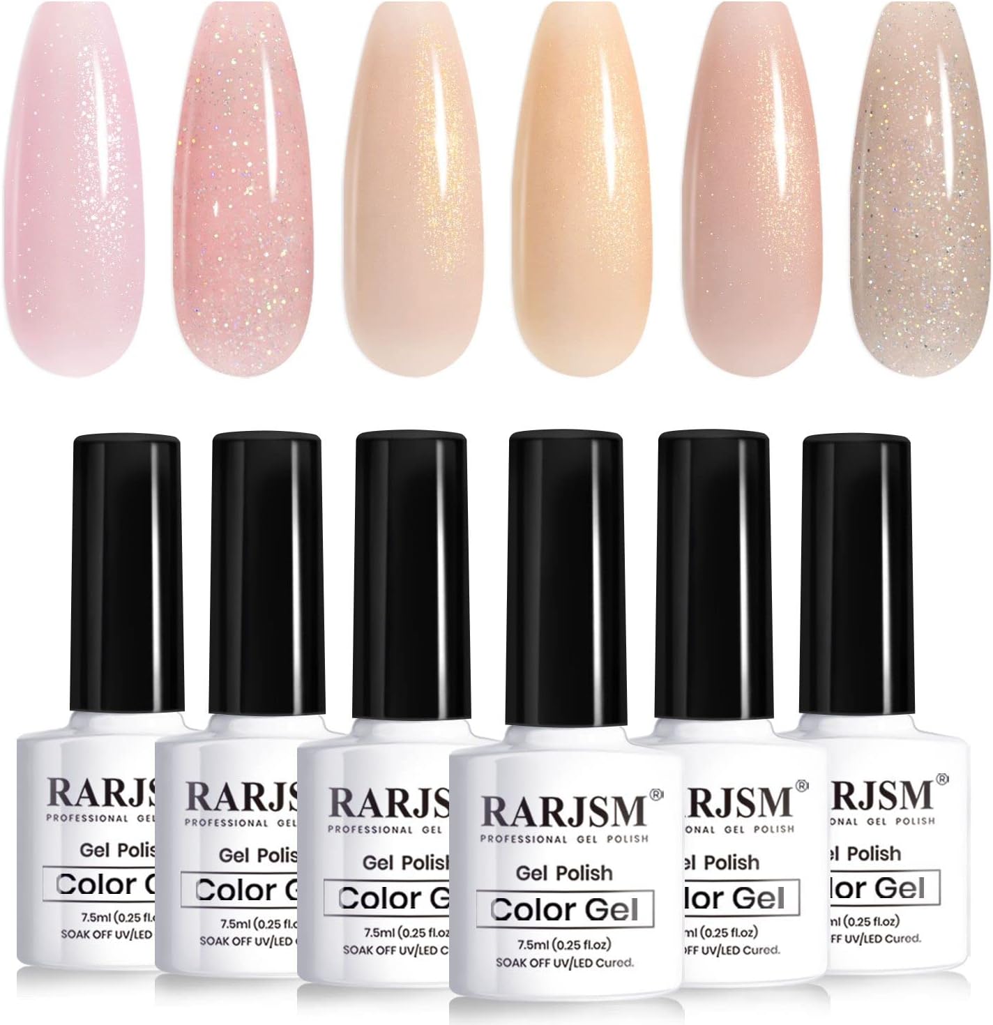 RARJSM Glitter Nude Gel Polish 6pcs Set Pale Pink Milky Jelly Cashmere Pink Beige Apricot Champagne Brown Shimmer Iridescent Holographic Gel Nail Polish 7.5ml Translucent Natural Soak off UV LED Cured