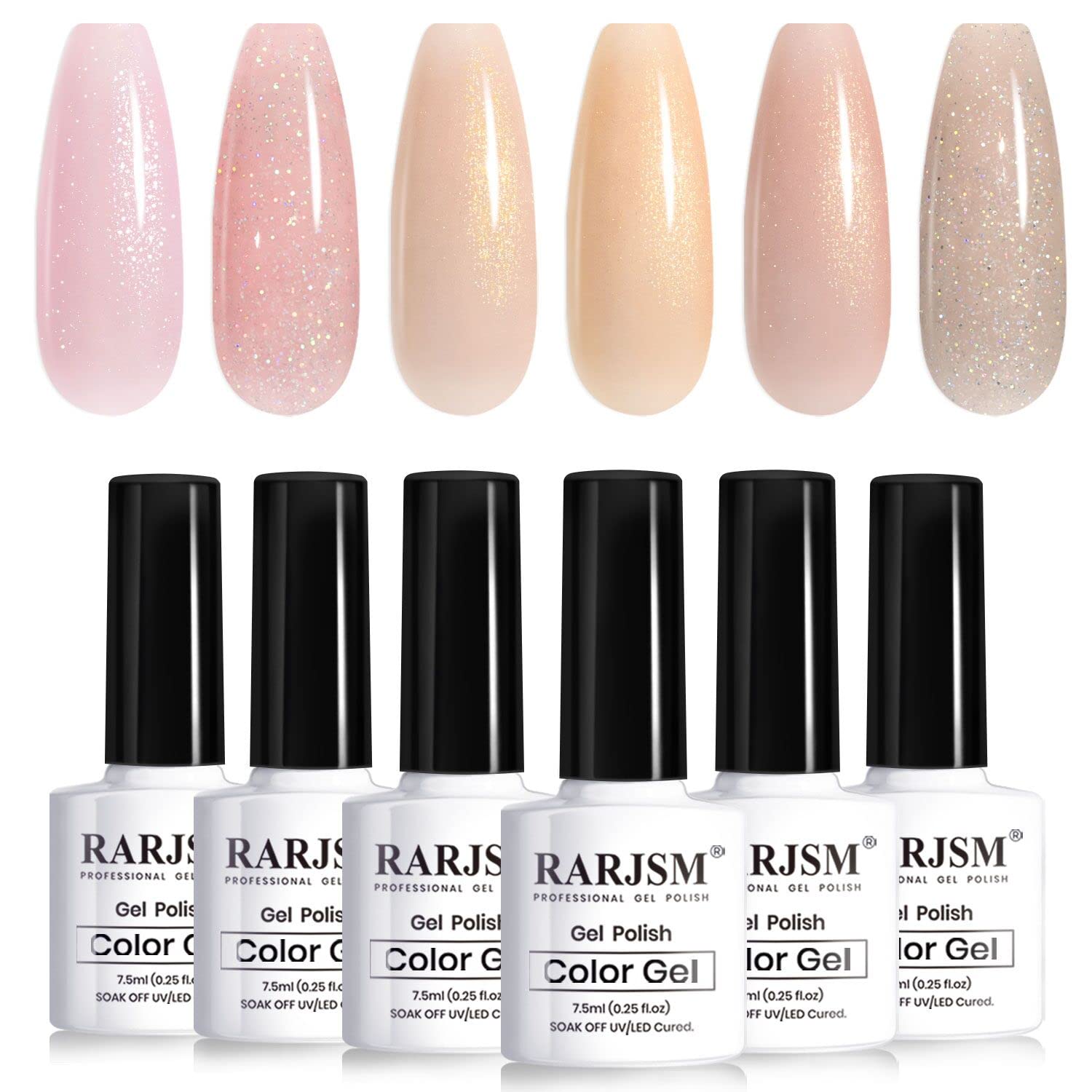 RARJSM Glitter Nude Gel Polish 6pcs Set Pale Pink Milky Jelly Cashmere Pink Beige Apricot Champagne Brown Shimmer