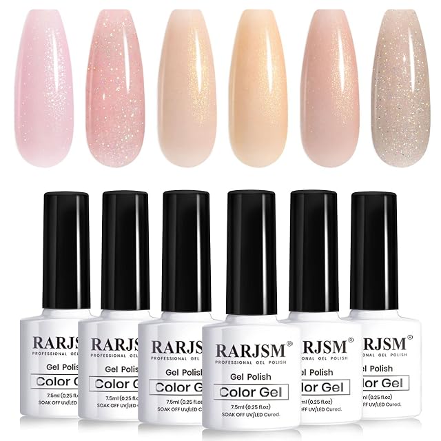 RARJSM Glitter Nude Gel Polish 6pcs Set Pale Pink Milky Jelly Cashmere Pink Beige Apricot Champagne Brown Shimmer
