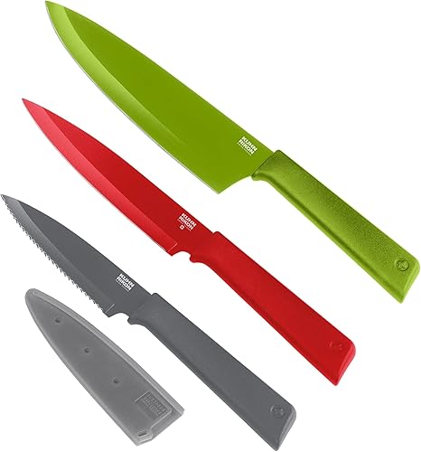 KUHN RIKON COLORI+ Juego de cuchillos mixtos con revestimiento antiadherente y fundas de seguridad, juego de 3, verde, rojo y gris grafito