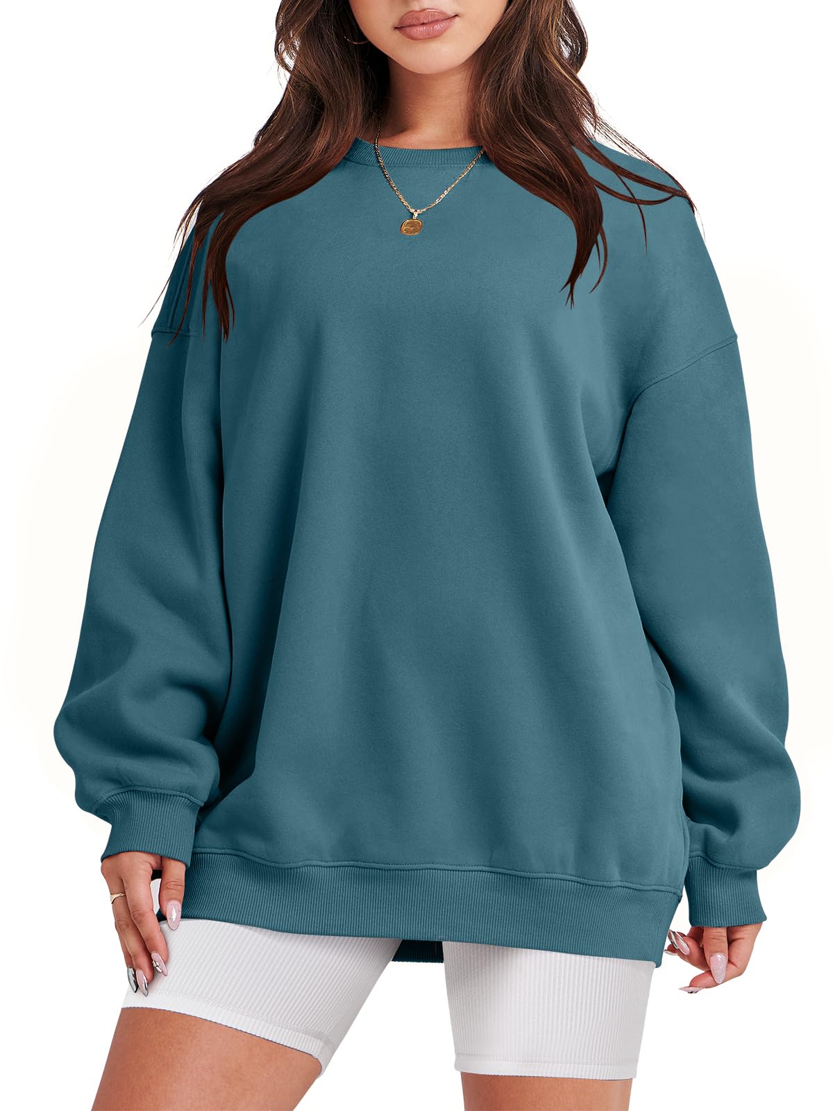 Damskie bluzy oversize bluzy z kapturem polar okrągły dekolt sweter top codzienne jesienne stroje preppy ubrania nastolatki 2024 A1019 światło, Jeden kolor, Lake Blue_XL