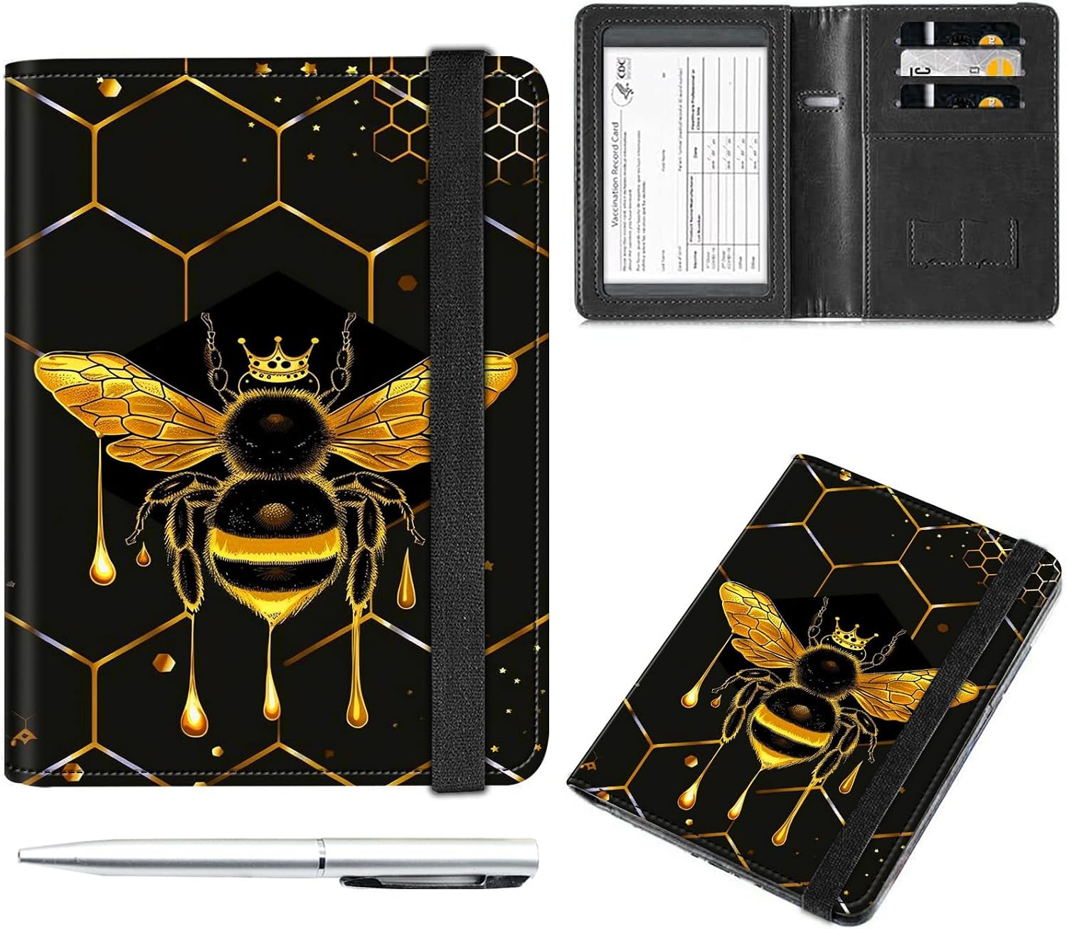 Passport and Vaccine Card Holder Combo,Passport Cover Case with Vaccine Card Slot RFID Blocking,Wallet,Passport Cover,Passport Case,Passport Holder for Women and Men,A Queen Bee and Honey