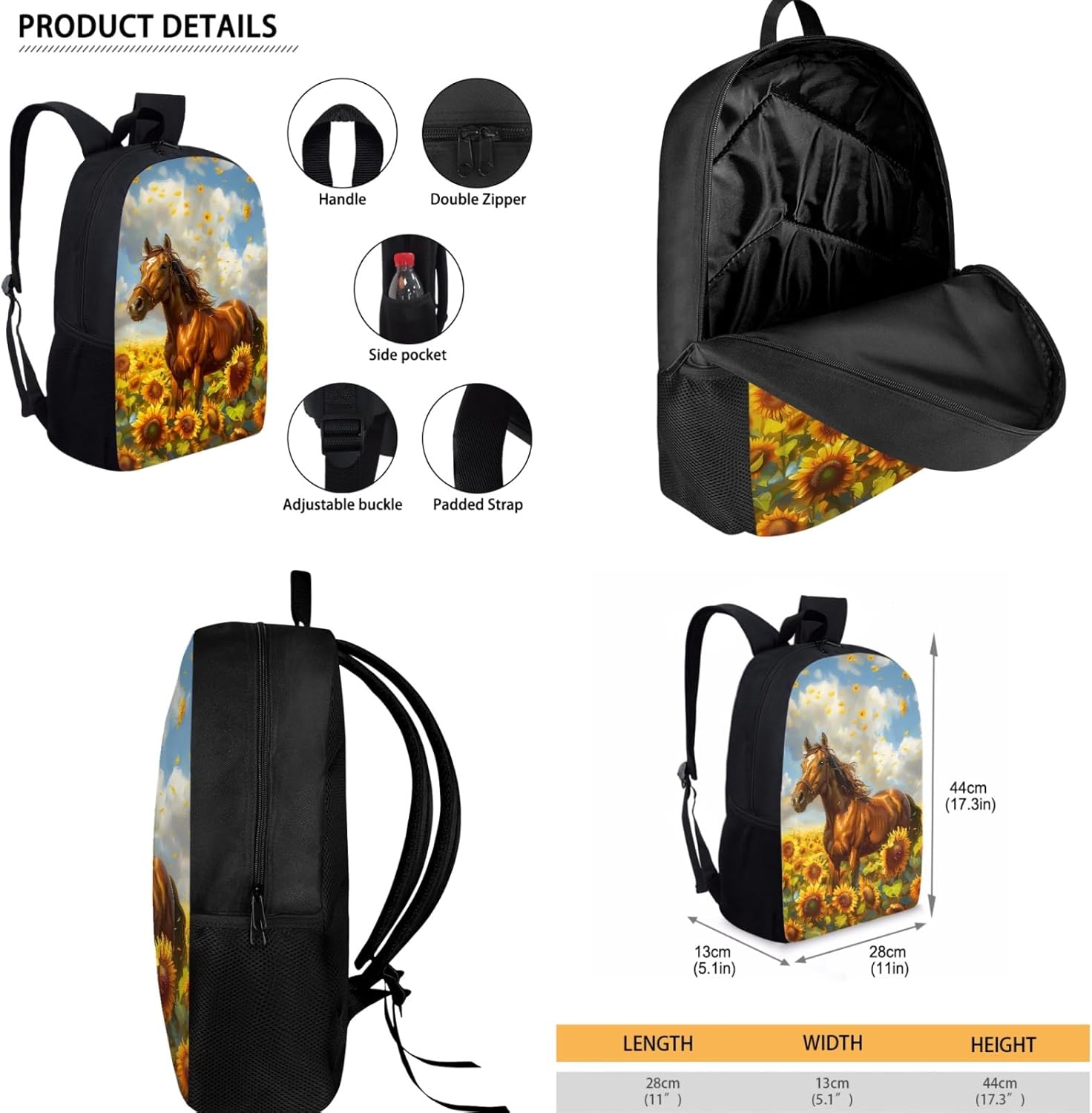 Renewold Horse Backpack for Girls Boys Yellow Sunflower Horse Print Kids School Bookbags Set Preschool Primary Middle Student Bookbag with Insulated Lunch Box Bag Pencil Case 3pcs Set School Supplies - Image 3