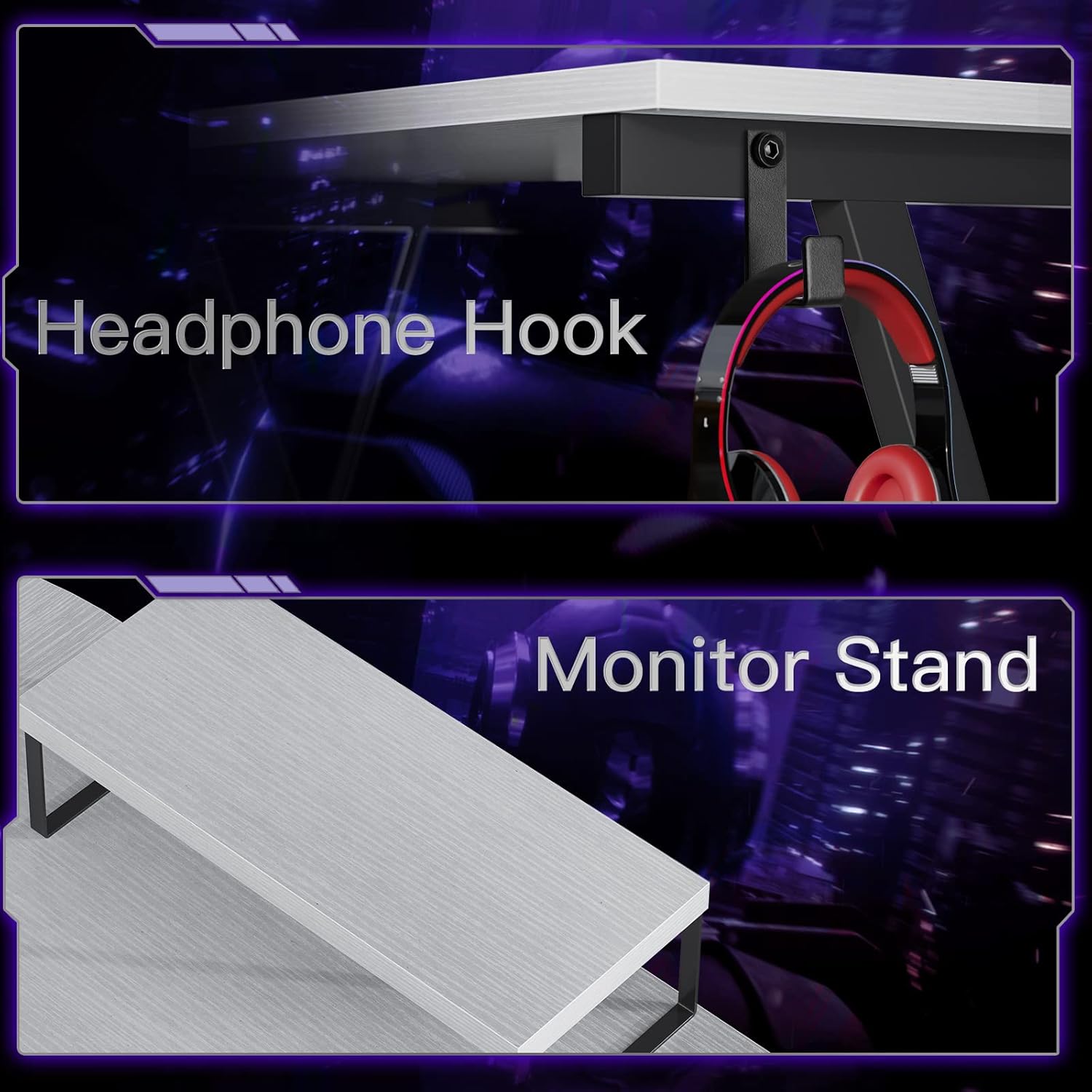 Close-up image of the switchable storage bag attached to the desk, holding notebooks, sunglasses, and scissors.